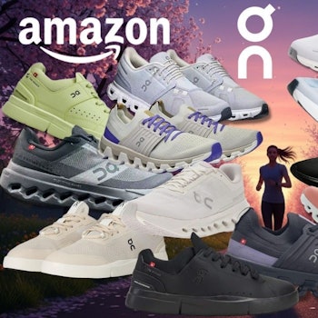 On Sneaker und Laufschuhe, im Hintergrund eine Dame beim Joggen in der Abenddämmerung auf einer Landstraße mit blühenden Bäumen.