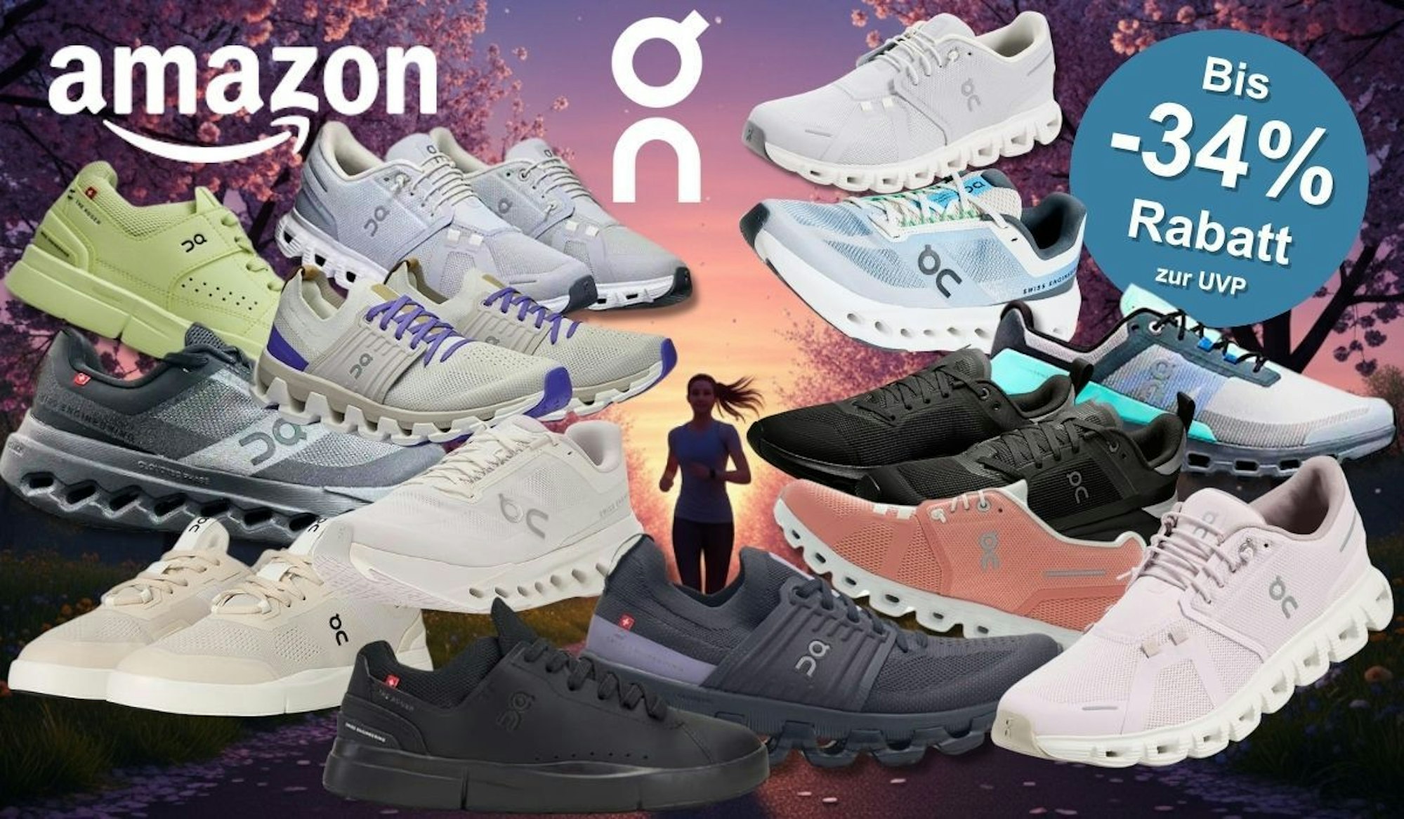 On Sneaker und Laufschuhe, im Hintergrund eine Dame beim Joggen in der Abenddämmerung auf einer Landstraße mit blühenden Bäumen.