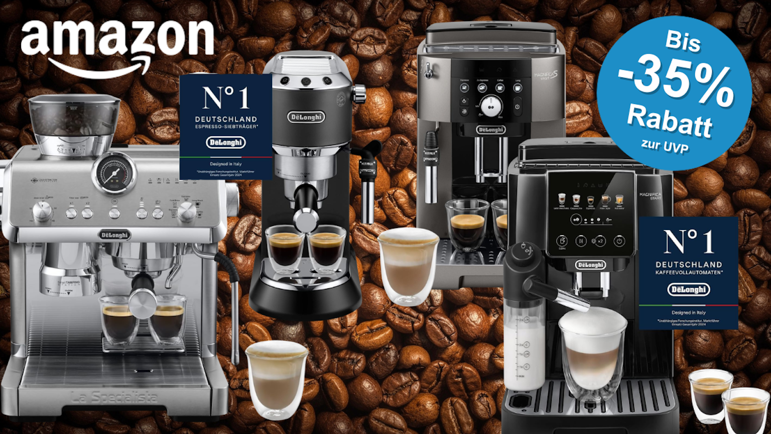 2 De'Longhi Siebträgermaschinen und 2 Kaffeevollautomaten vor ganz vielen Kaffeebohnen.