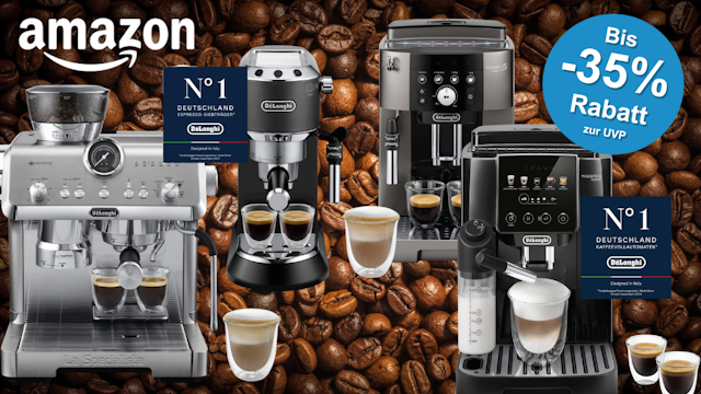 2 De'Longhi Siebträgermaschinen und 2 Kaffeevollautomaten vor ganz vielen Kaffeebohnen.