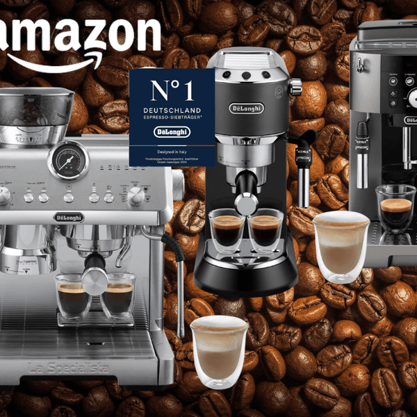 2 De'Longhi Siebträgermaschinen und 2 Kaffeevollautomaten vor ganz vielen Kaffeebohnen.