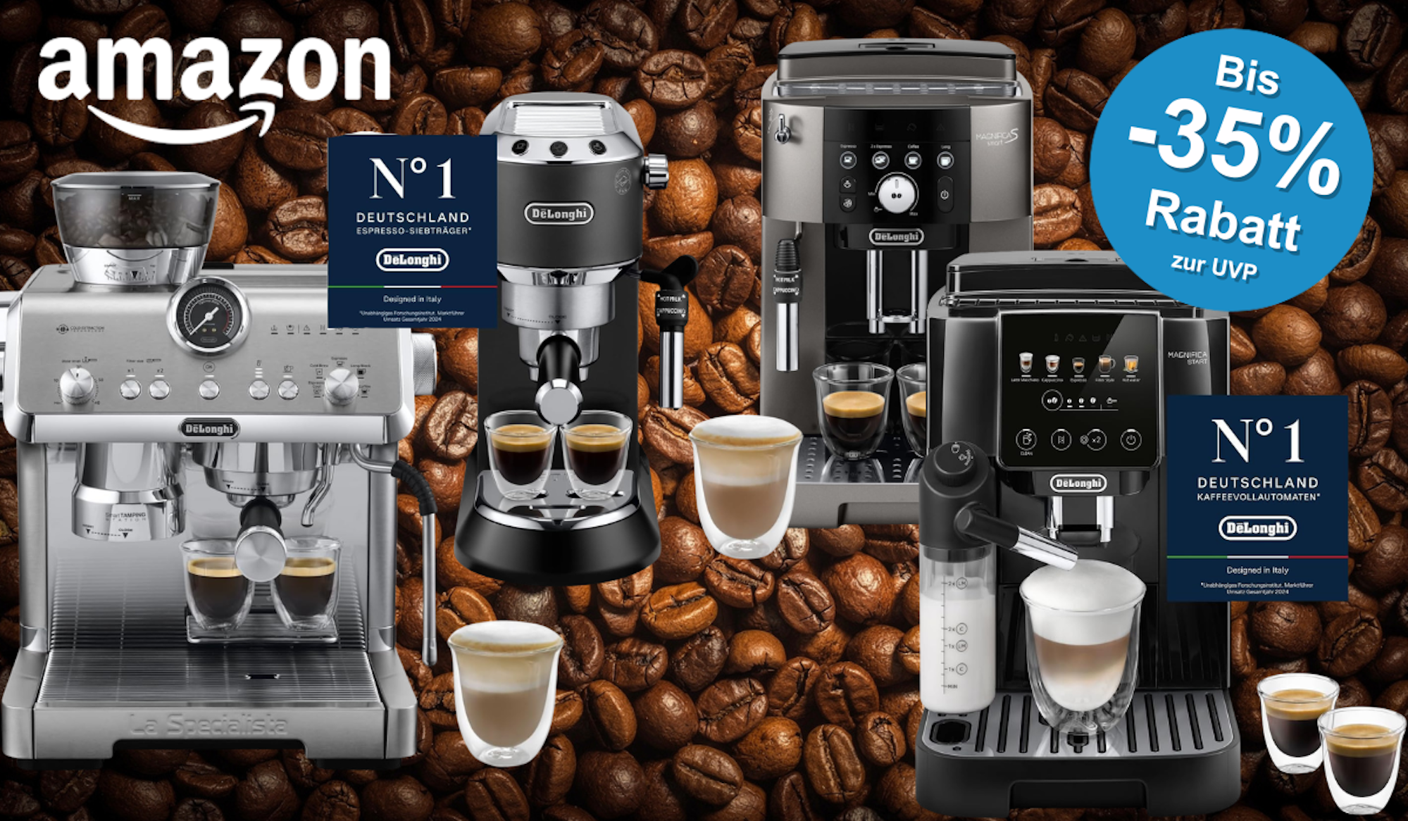 2 De'Longhi Siebträgermaschinen und 2 Kaffeevollautomaten vor ganz vielen Kaffeebohnen.