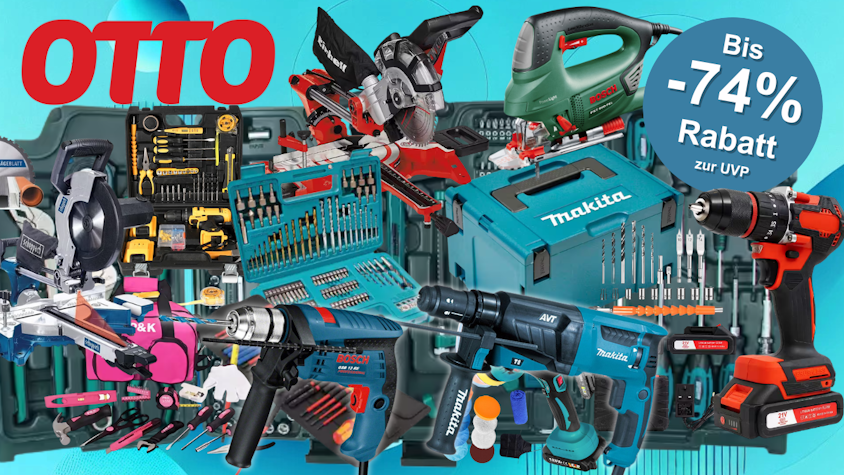 Werkzeug-Marken wie Bosch Professional, Einhell, Makita, Bosch Home and Garden im Otto-Sale vor blauem Hintergrund.