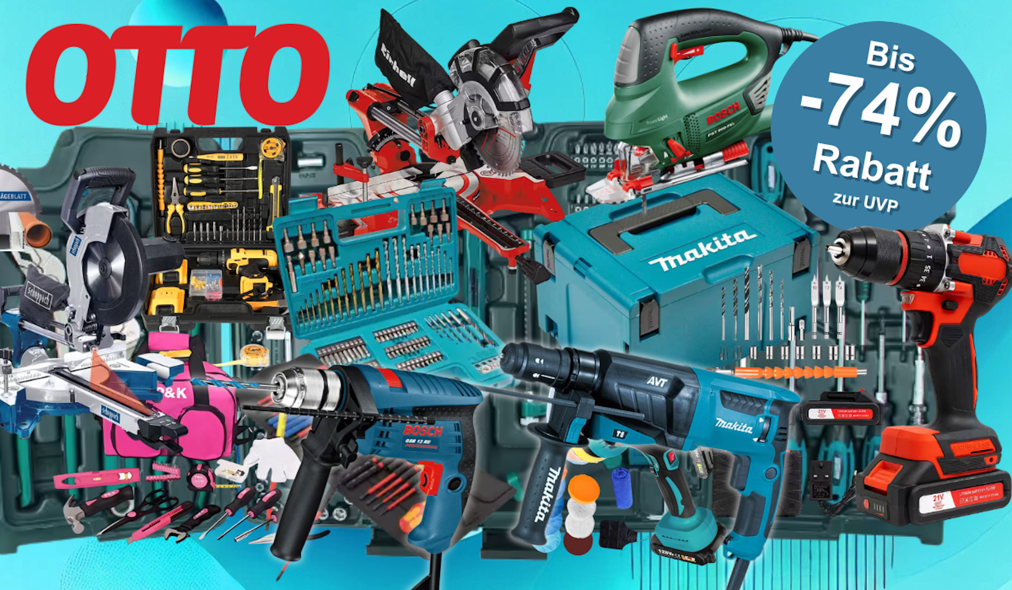 Werkzeug-Marken wie Bosch Professional, Einhell, Makita, Bosch Home and Garden im Otto-Sale vor blauem Hintergrund.