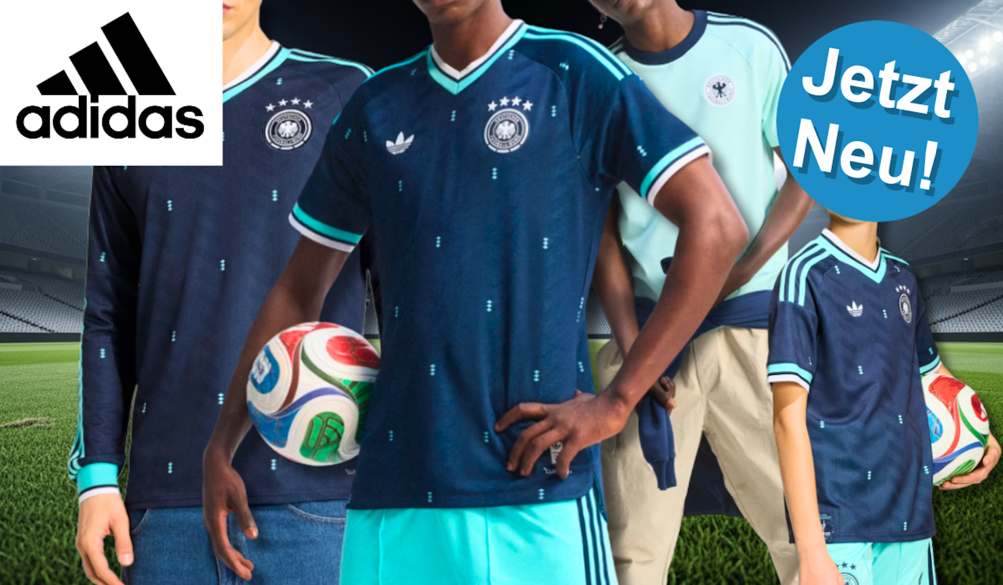 Models die das neue Deutschland 26 Auswärtstrikot tragen.