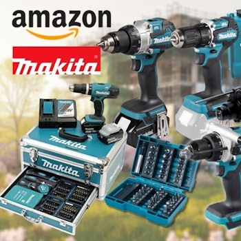 Makita Werkzeug Produktbilder Collage: Zu sehen sind mehrere Makita-Elektrowerkzeuge in der typischen türkis-schwarzen Farbgebung: darunter Akku-Bohrschrauber, ein Schlagbohrer, ein Bohrhammer, ein Winkelschleifer sowie ein Akku-Set mit zwei 18V-Akkus und Ladegerät. Links im Bild ein geöffneter Makita-Alukoffer mit umfangreichem Bit- und Bohrer-Zubehör. Im Hintergrund ein frühlingshafter Park mit blühenden Bäumen.