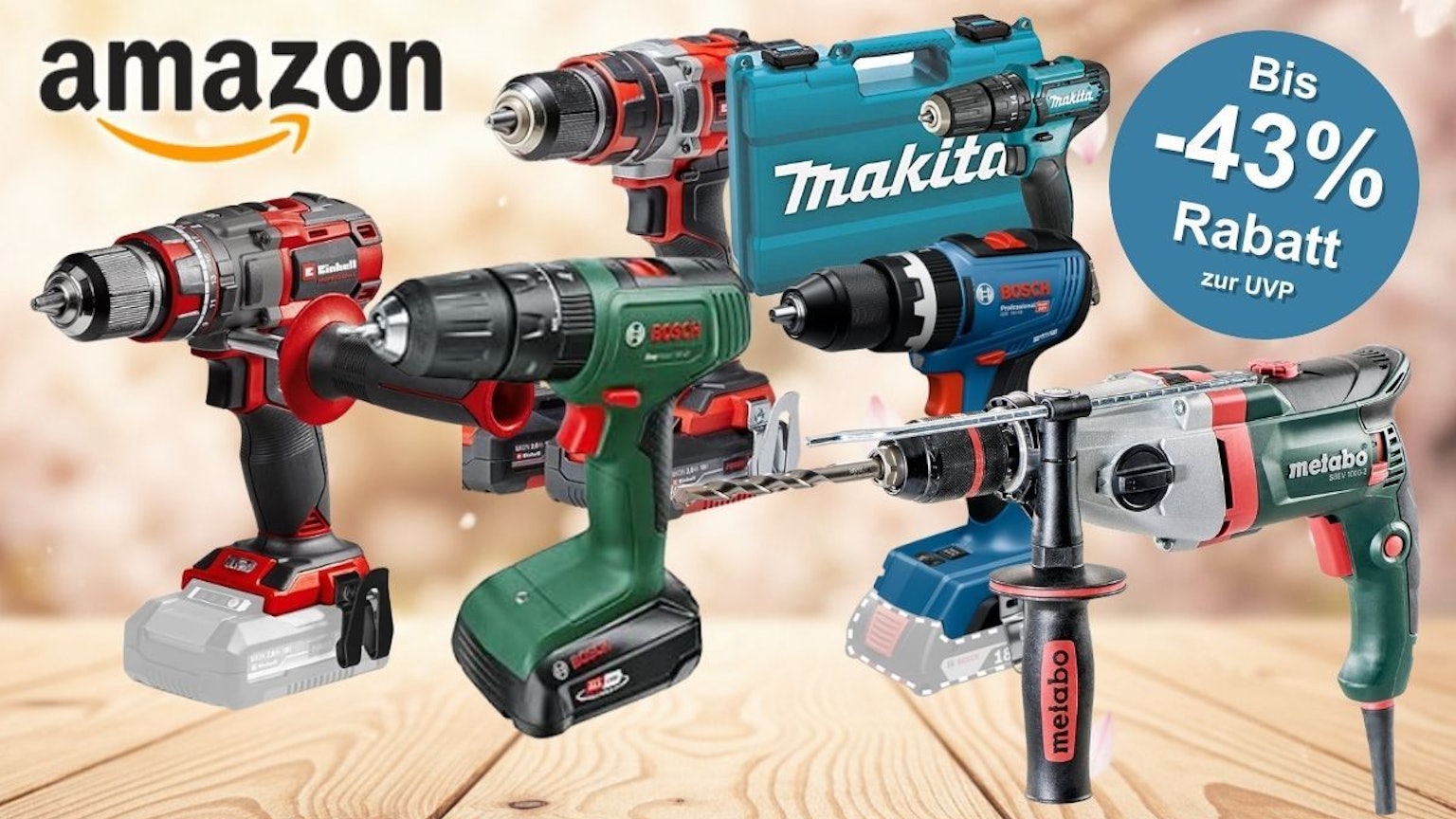 Amazon Frühjahrs-Sale auf Bohrmaschinen und Akku-Bohrschrauber. Zu sehen sind fünf Elektrowerkzeuge auf einem Holzuntergrund vor einem hellen, frühlingshaften Hintergrund mit Bokeh-Effekt: ein roter Einhell-Akku-Bohrschrauber, ein grüner Bosch-Akku-Bohrschrauber mit Akku, ein roter Bosch Professional-Schlagbohrschrauber, ein türkises Makita-Set im Koffer sowie eine grüne Metabo-Schlagbohrmaschine mit Kabel. Oben links das Amazon-Logo.