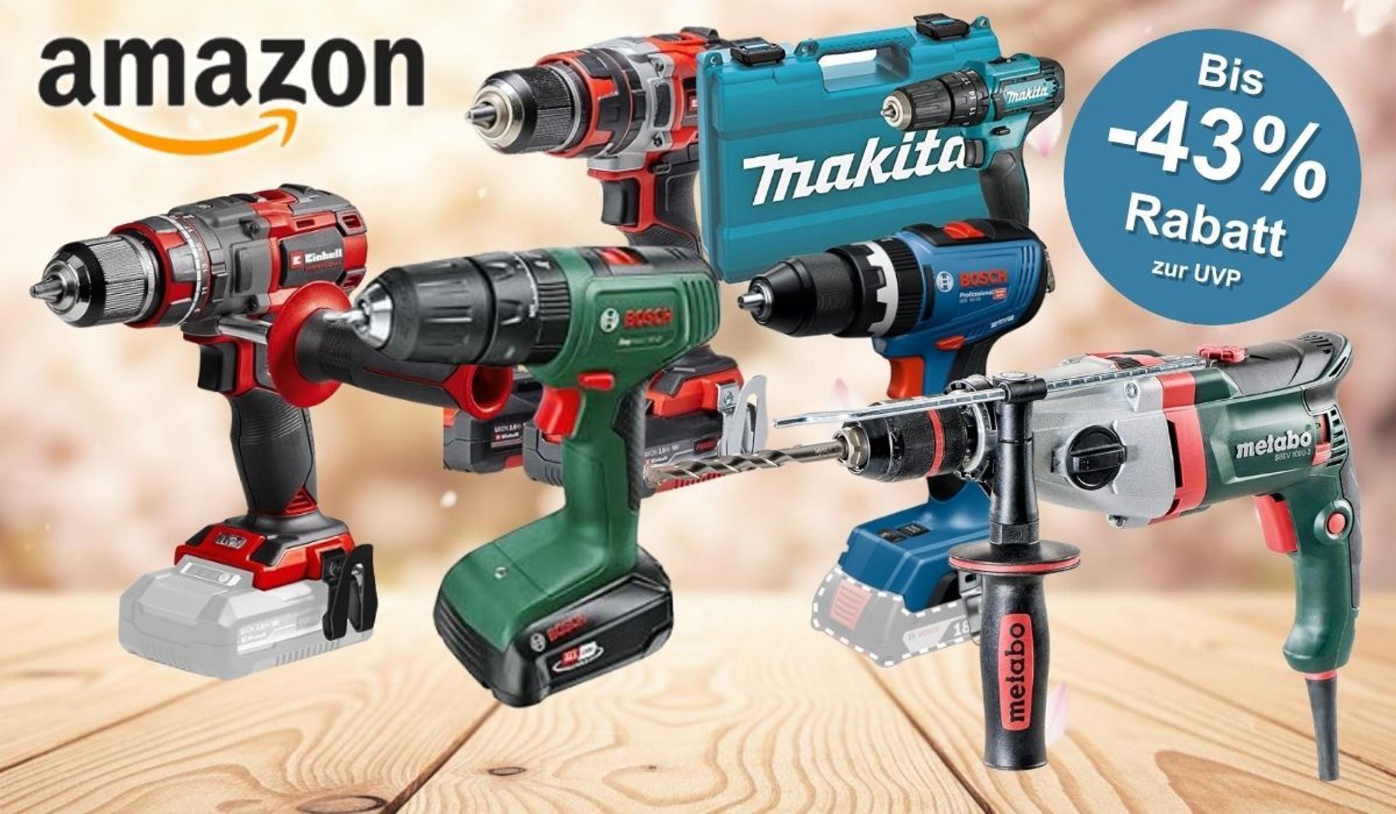 Amazon Frühjahrs-Sale auf Bohrmaschinen und Akku-Bohrschrauber. Zu sehen sind fünf Elektrowerkzeuge auf einem Holzuntergrund vor einem hellen, frühlingshaften Hintergrund mit Bokeh-Effekt: ein roter Einhell-Akku-Bohrschrauber, ein grüner Bosch-Akku-Bohrschrauber mit Akku, ein roter Bosch Professional-Schlagbohrschrauber, ein türkises Makita-Set im Koffer sowie eine grüne Metabo-Schlagbohrmaschine mit Kabel. Oben links das Amazon-Logo.