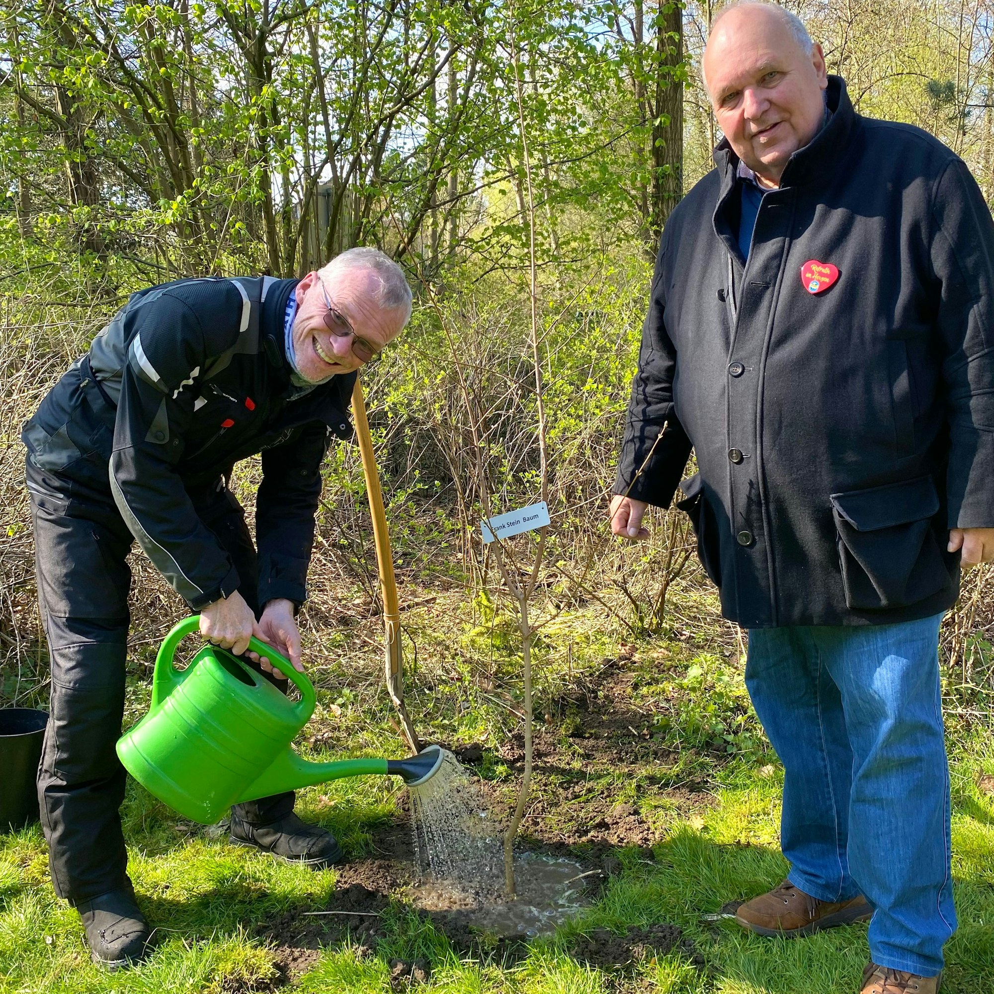 Zwei Männer pflanzen einen Baum.