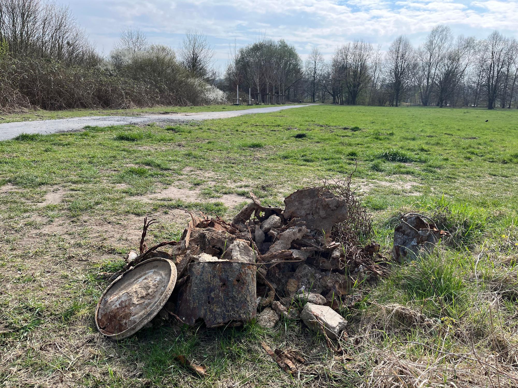 Baum und Metallreste liegen auf einem Haufen auf einer Wiese.