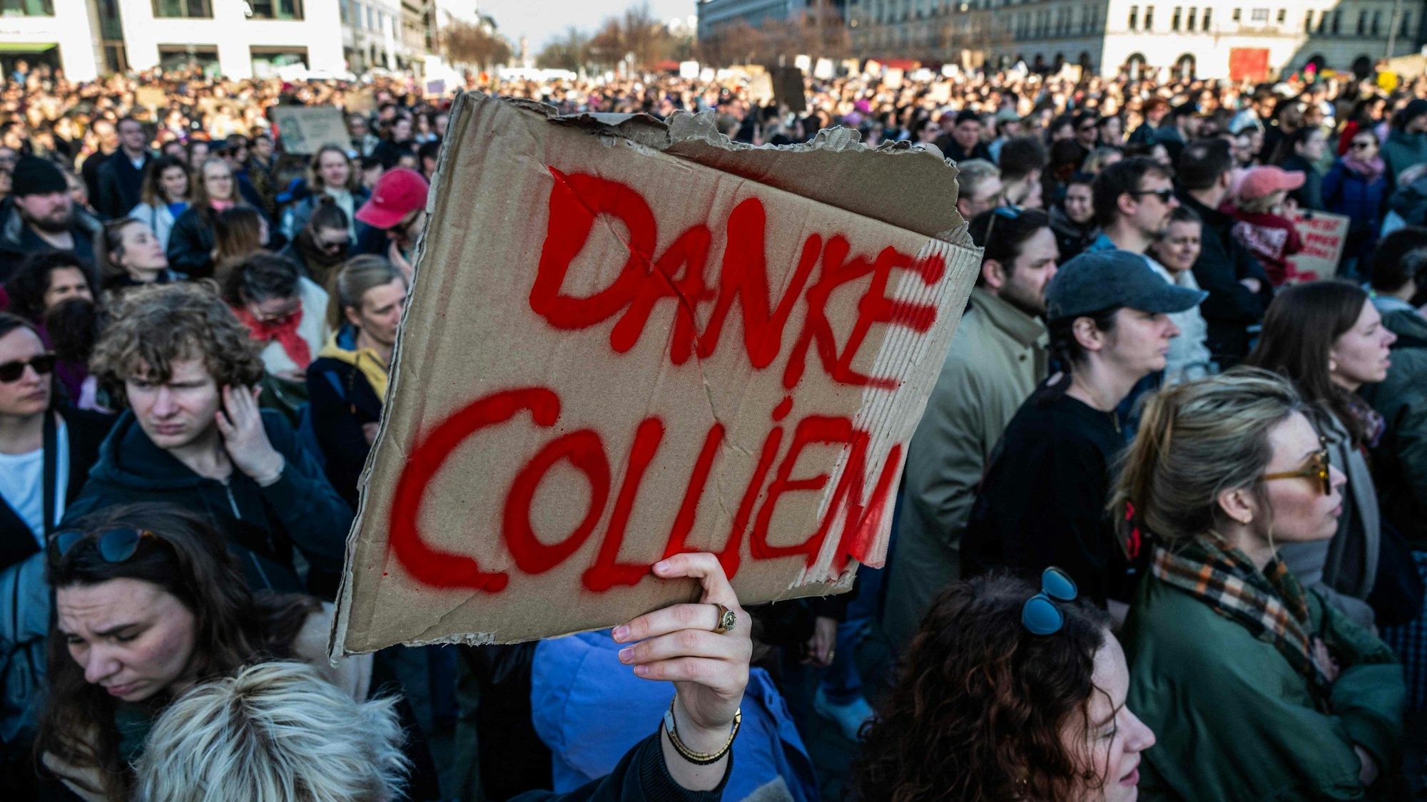 „Danke Collien“ steht auf einem Plakat bei der Demonstration in Solidarität mit Collien Fernandes am Brandenburger Tor in Berlin.
