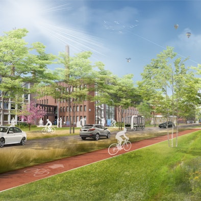 Das Bild zeigt eine Visualisierung der Auenheimer Straße mit viel Grün, einem Café, Wohnungen und Menschen.