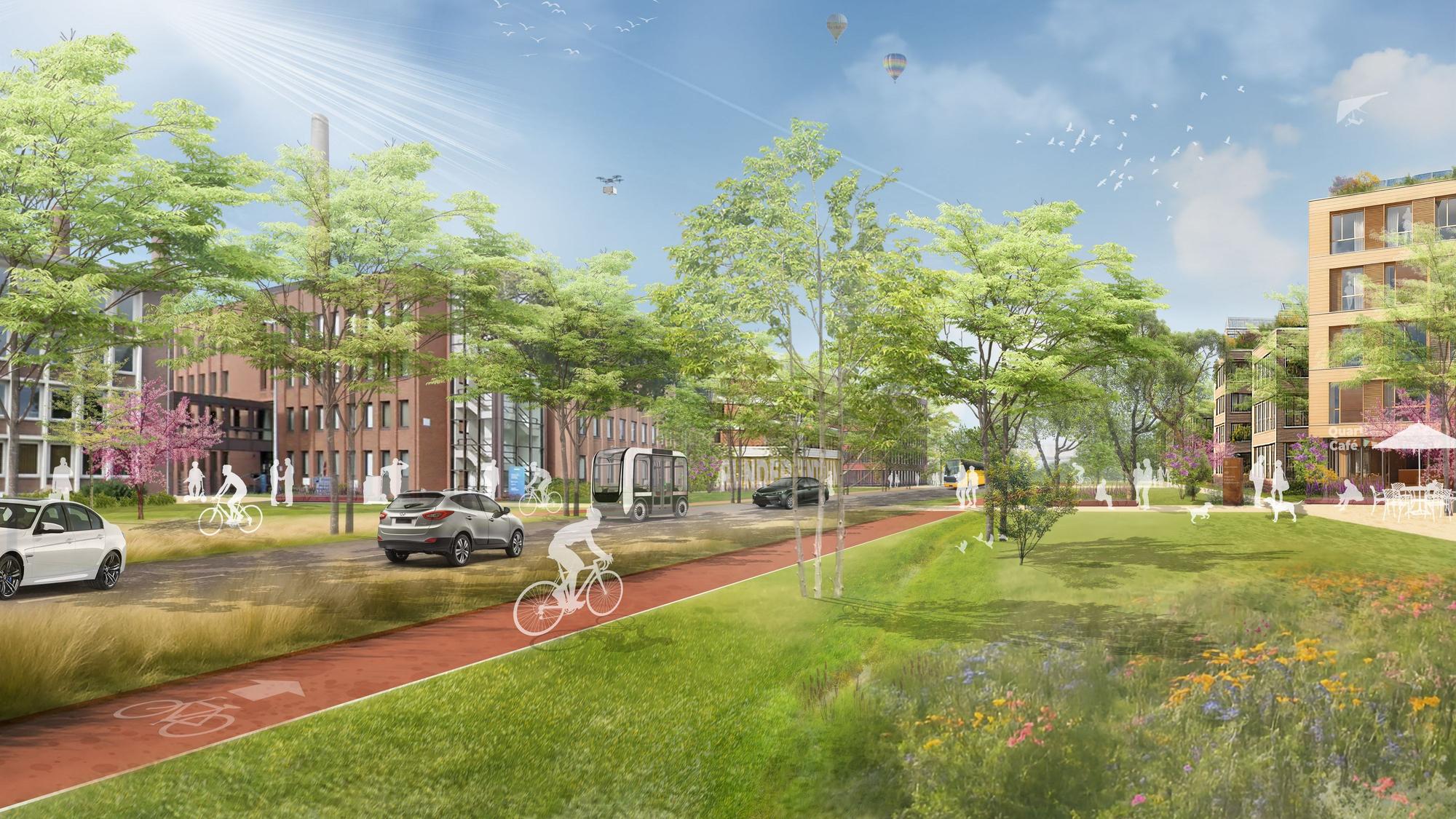 Das Bild zeigt eine Visualisierung der Auenheimer Straße mit viel Grün, einem Café, Wohnungen und Menschen.