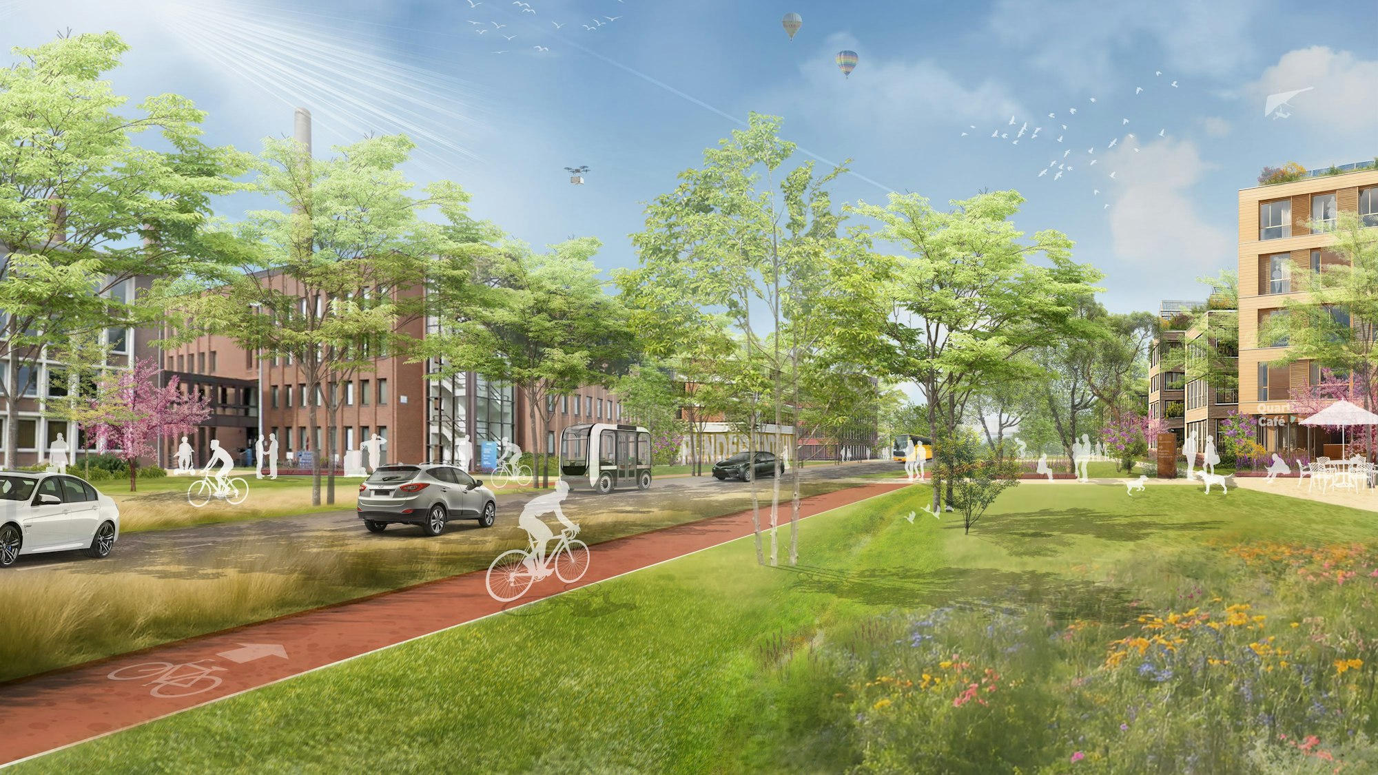 Das Bild zeigt eine Visualisierung der Auenheimer Straße mit viel Grün, einem Café, Wohnungen und Menschen.