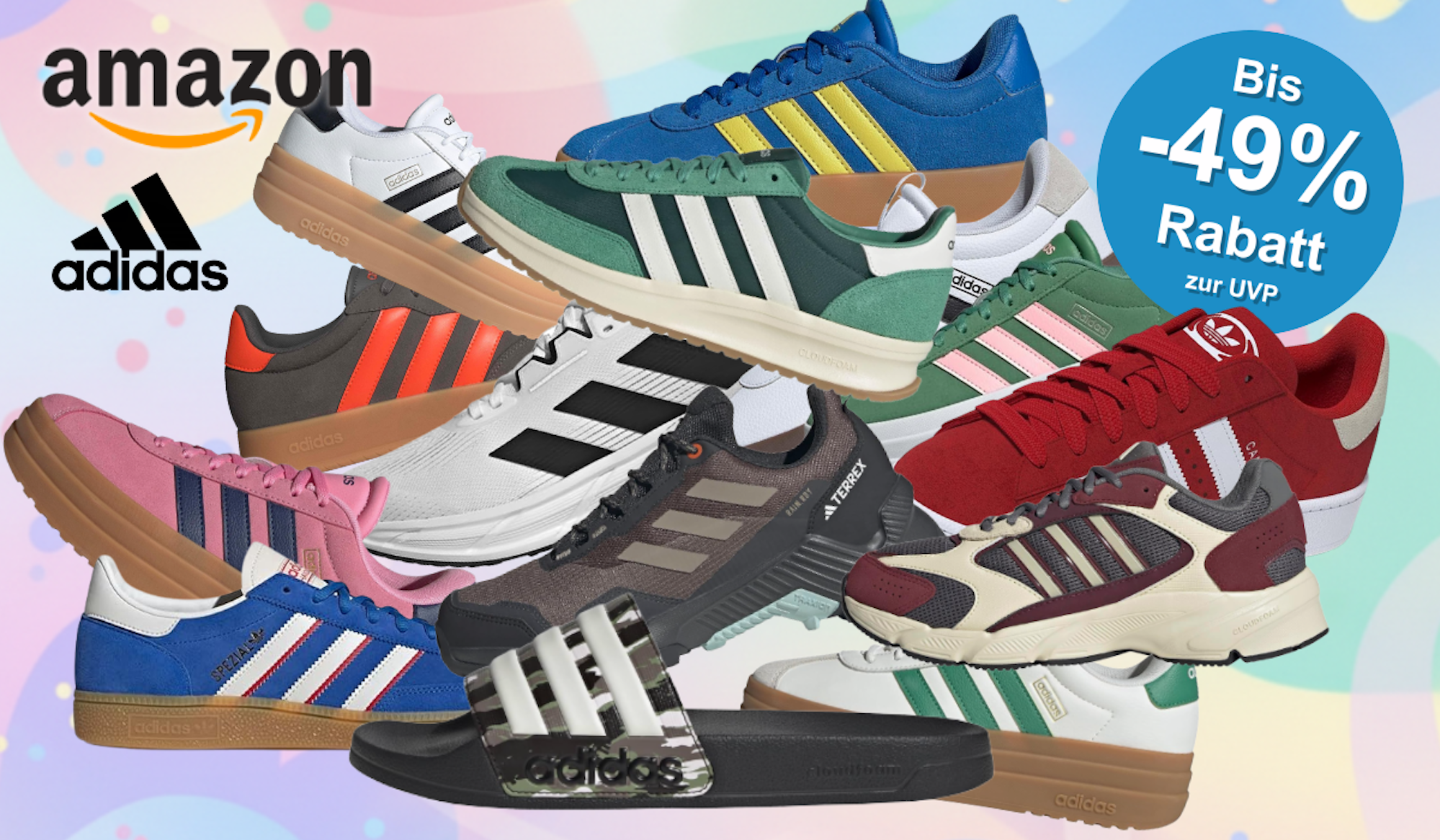 Anordnung verschiedener adidas Sneaker-Modelle vor einem bunten Hintergrund mit Muster.