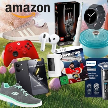 Collage der Amazon Oster-Angebote 2026 vor frühlingshaftem Hintergrund mit Tulpen und Kirschblüten, zeigt reduzierte Produkte aus verschiedenen Kategorien: adidas- und Skechers-Sneaker, Apple AirPods Pro, LEGO Sauron Set, Smartwatch, Philips Elektrorasierer, Le Creuset Topf, Bosch Bohrhammer, Xbox- und PS5-Controller, NHL 26 Spielecover, POCO X8 Pro Max Smartphone, Ring Überwachungskamera, Ninja Airfryer, JBL Bluetooth-Lautsprecher, Nike T-Shirt sowie ein Eiscreme-Maker – mit blauem Badge „Bis -65% Rabatt zur UVP" und Amazon-Logo oben links.