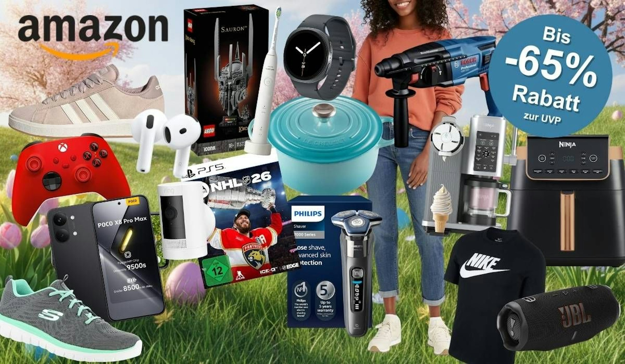 Collage der Amazon Oster-Angebote 2026 vor frühlingshaftem Hintergrund mit Tulpen und Kirschblüten, zeigt reduzierte Produkte aus verschiedenen Kategorien: adidas- und Skechers-Sneaker, Apple AirPods Pro, LEGO Sauron Set, Smartwatch, Philips Elektrorasierer, Le Creuset Topf, Bosch Bohrhammer, Xbox- und PS5-Controller, NHL 26 Spielecover, POCO X8 Pro Max Smartphone, Ring Überwachungskamera, Ninja Airfryer, JBL Bluetooth-Lautsprecher, Nike T-Shirt sowie ein Eiscreme-Maker – mit blauem Badge „Bis -65% Rabatt zur UVP" und Amazon-Logo oben links.