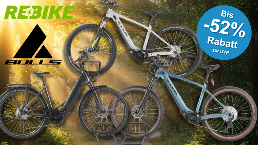 3 verschiedene E-Bikes von Bulls vor einem Fahrradweg.