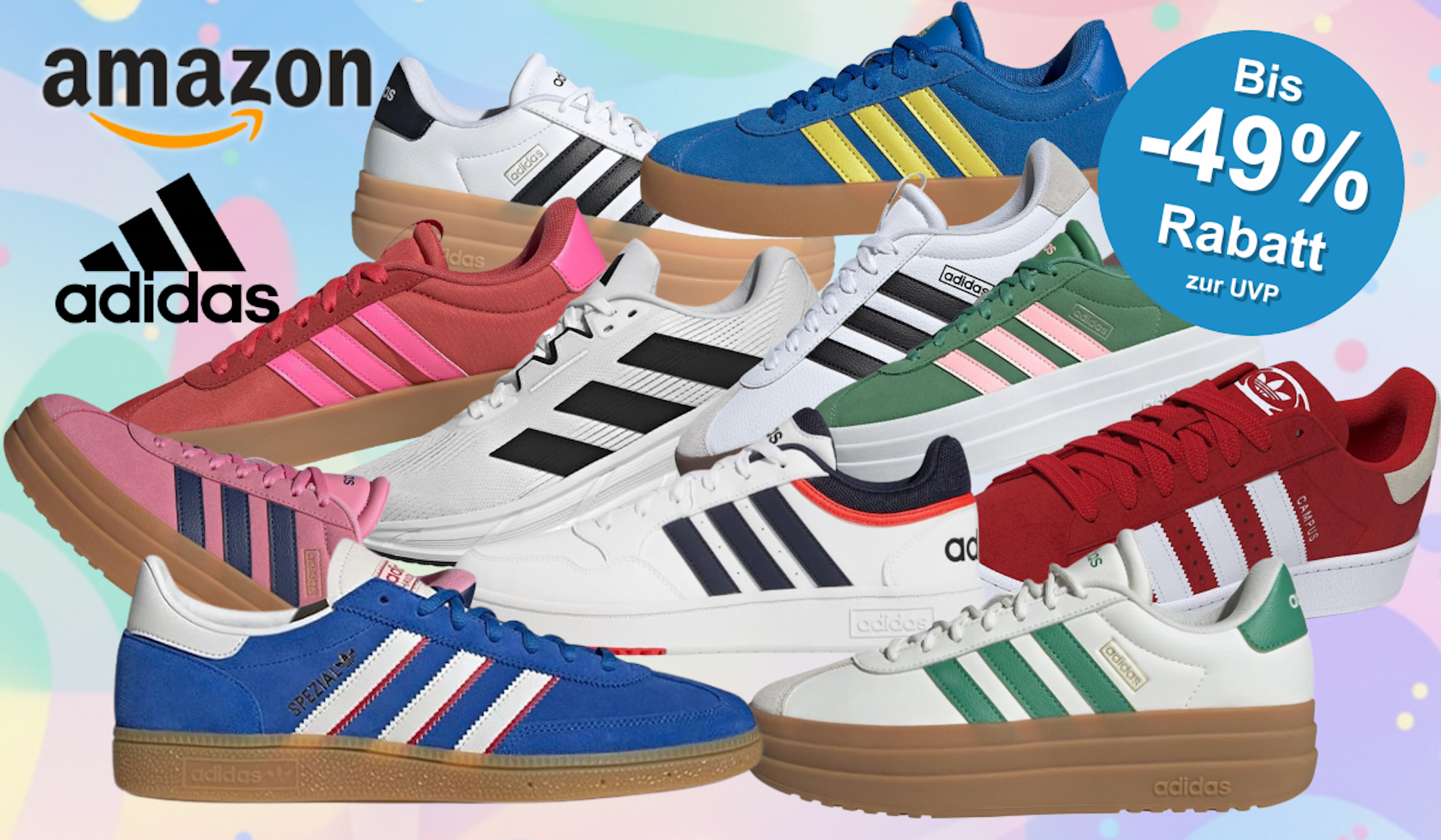 Anordnung verschiedener adidas Sneaker-Modelle vor einem bunten Hintergrund mit Muster.