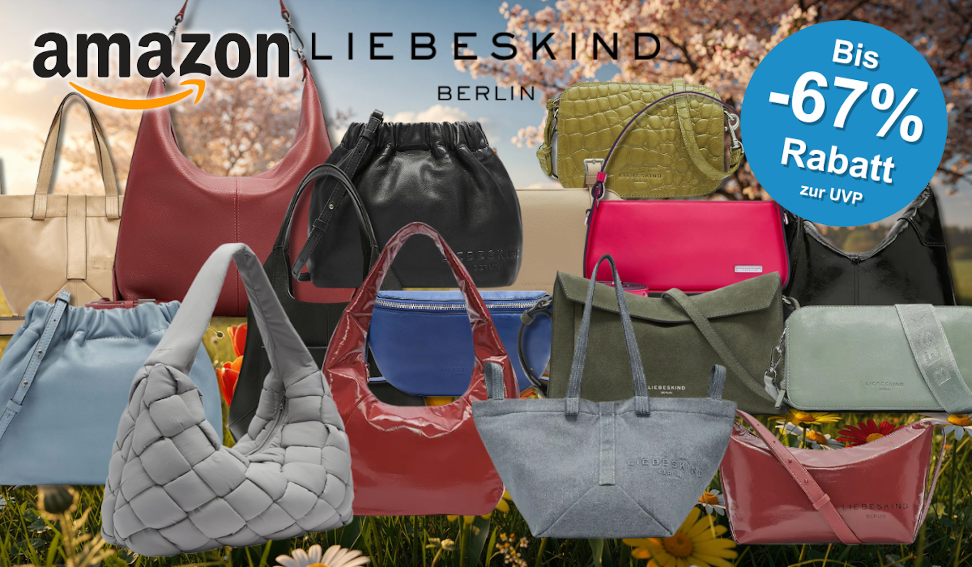 Eine Darstellung von verschiedenen Liebeskind Berlin Taschen vor einem sommerlichen Hintergrund.