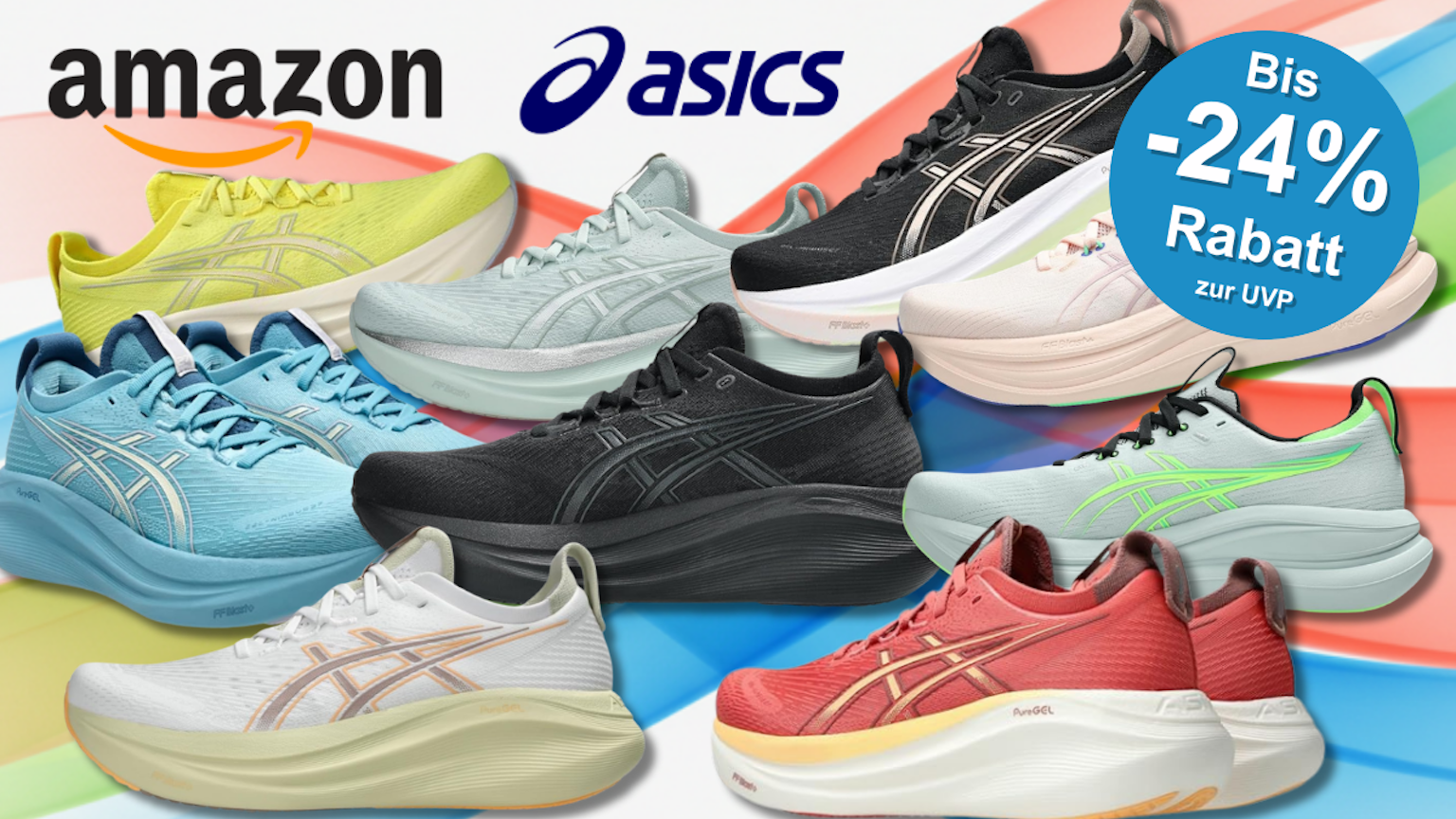 Mehrere Asics Gel-Nimbus Laufschuhe in verschiedenen Farben (schwarz, weiß, blau, rot, gelb, mint) nebeneinander auf hellem Hintergrund, dazu Amazon- und Asics-Logo.