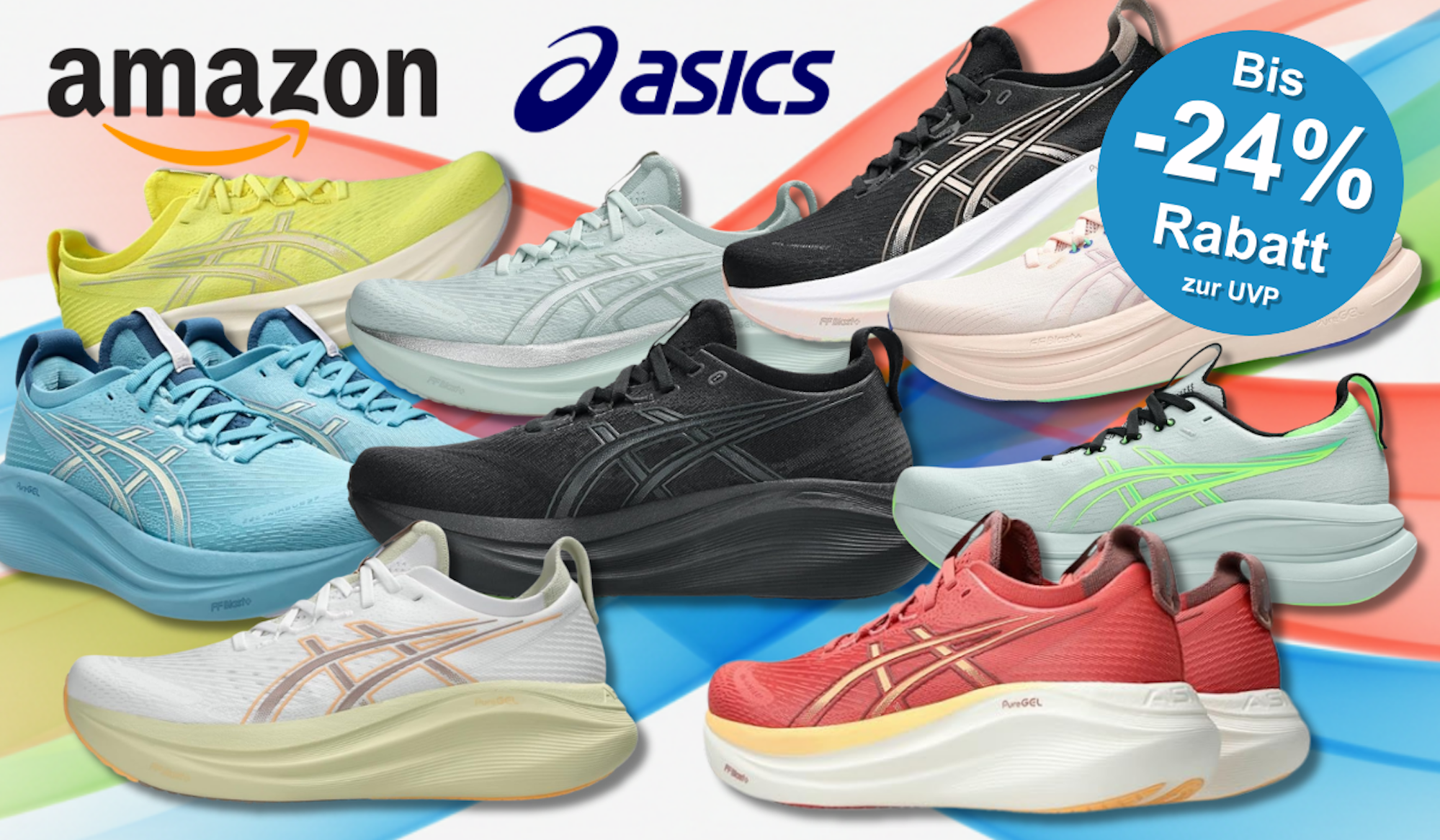 Mehrere Asics Gel-Nimbus Laufschuhe in verschiedenen Farben (schwarz, weiß, blau, rot, gelb, mint) nebeneinander auf hellem Hintergrund, dazu Amazon- und Asics-Logo.