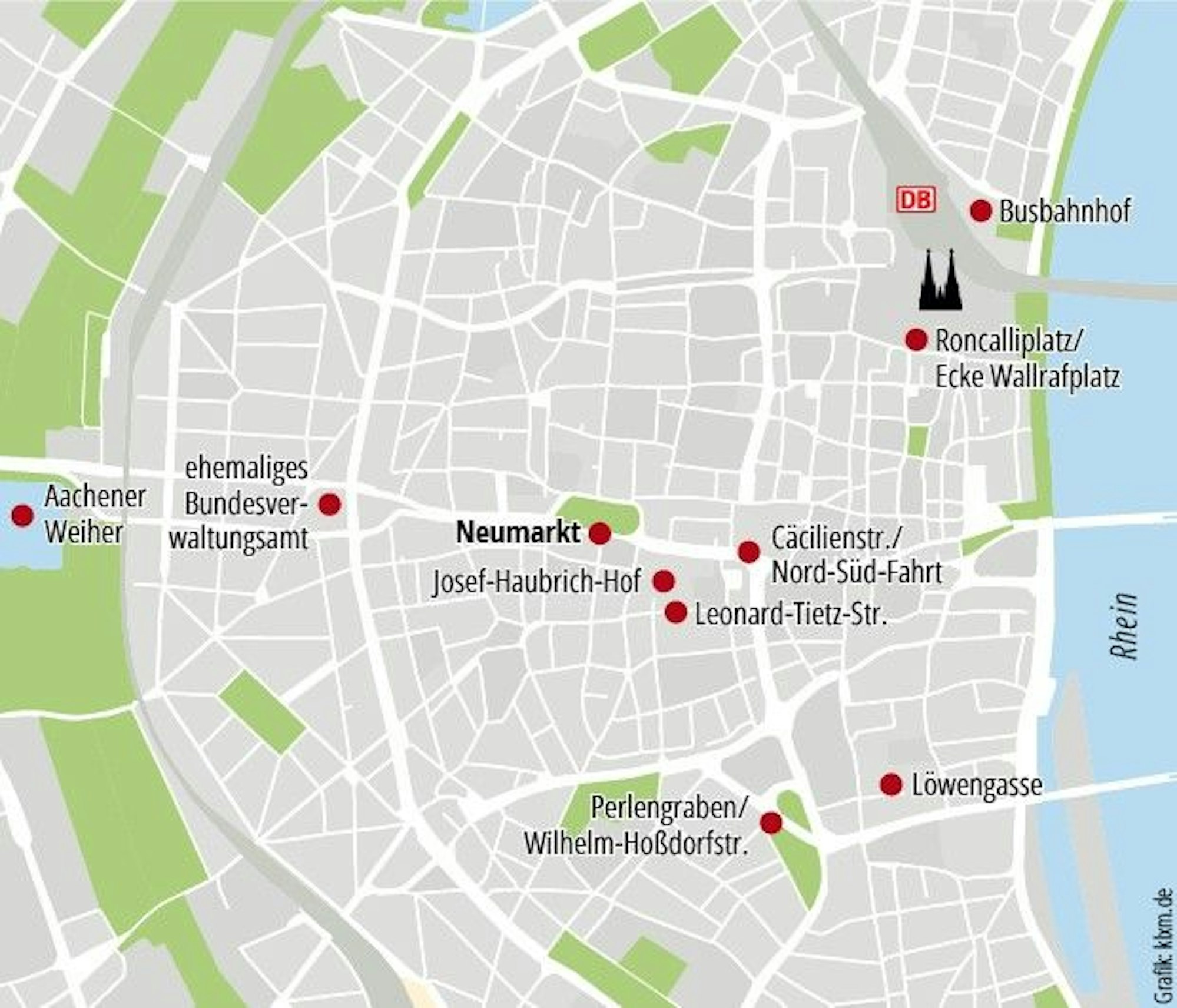 Die von der Stadt Köln geprüften Standorte für ein Suchthilfezentrum