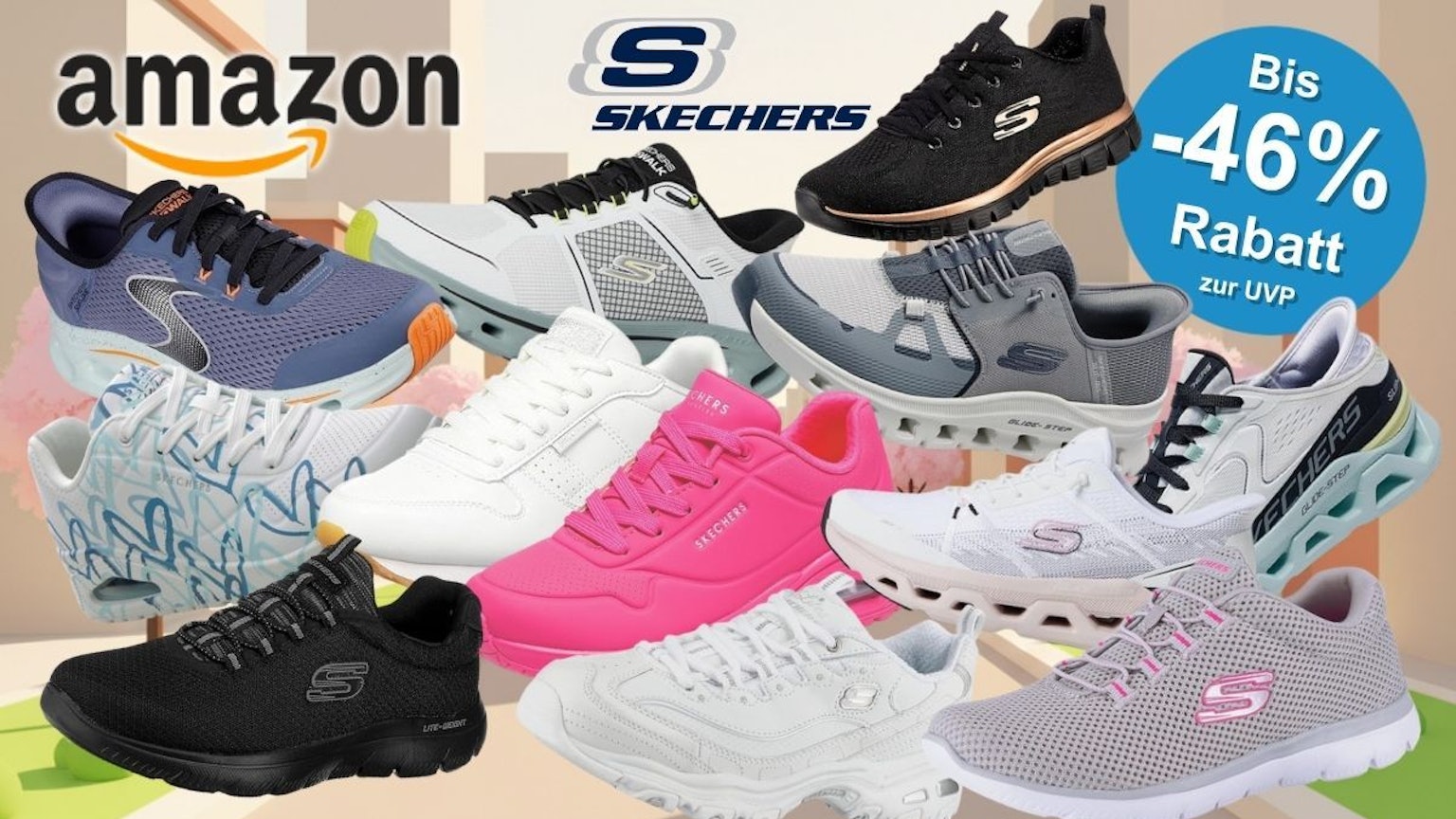 Zehn verschiedene Skechers-Sneaker-Modelle vor einem illustrierten frühlingshaften Stadthintergrund mit Kirschblüten: darunter ein blau-schwarzer Walk-Sneaker, ein weißer GOwalk-Sneaker mit Neonakzenten, ein schwarzer Sneaker mit Roségold-Details, ein grauer Sneaker, ein hellblauer Sneaker mit Herzprint, ein weißer Leder-Sneaker, ein knallpinker Chunky-Sneaker, ein schwarzer Lite-Weight-Sneaker, ein weißer Glide-Step-Sneaker sowie ein grau-pinkfarbener Mesh-Sneaker.