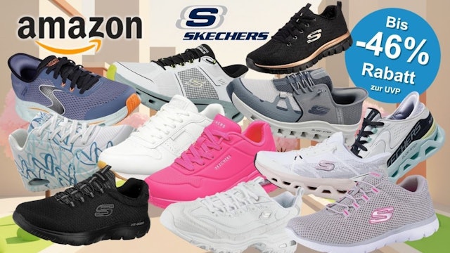 Zehn verschiedene Skechers-Sneaker-Modelle vor einem illustrierten frühlingshaften Stadthintergrund mit Kirschblüten: darunter ein blau-schwarzer Walk-Sneaker, ein weißer GOwalk-Sneaker mit Neonakzenten, ein schwarzer Sneaker mit Roségold-Details, ein grauer Sneaker, ein hellblauer Sneaker mit Herzprint, ein weißer Leder-Sneaker, ein knallpinker Chunky-Sneaker, ein schwarzer Lite-Weight-Sneaker, ein weißer Glide-Step-Sneaker sowie ein grau-pinkfarbener Mesh-Sneaker.