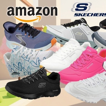 Zehn verschiedene Skechers-Sneaker-Modelle vor einem illustrierten frühlingshaften Stadthintergrund mit Kirschblüten: darunter ein blau-schwarzer Walk-Sneaker, ein weißer GOwalk-Sneaker mit Neonakzenten, ein schwarzer Sneaker mit Roségold-Details, ein grauer Sneaker, ein hellblauer Sneaker mit Herzprint, ein weißer Leder-Sneaker, ein knallpinker Chunky-Sneaker, ein schwarzer Lite-Weight-Sneaker, ein weißer Glide-Step-Sneaker sowie ein grau-pinkfarbener Mesh-Sneaker. Oben links das Amazon-Logo und das Skechers-Logo.