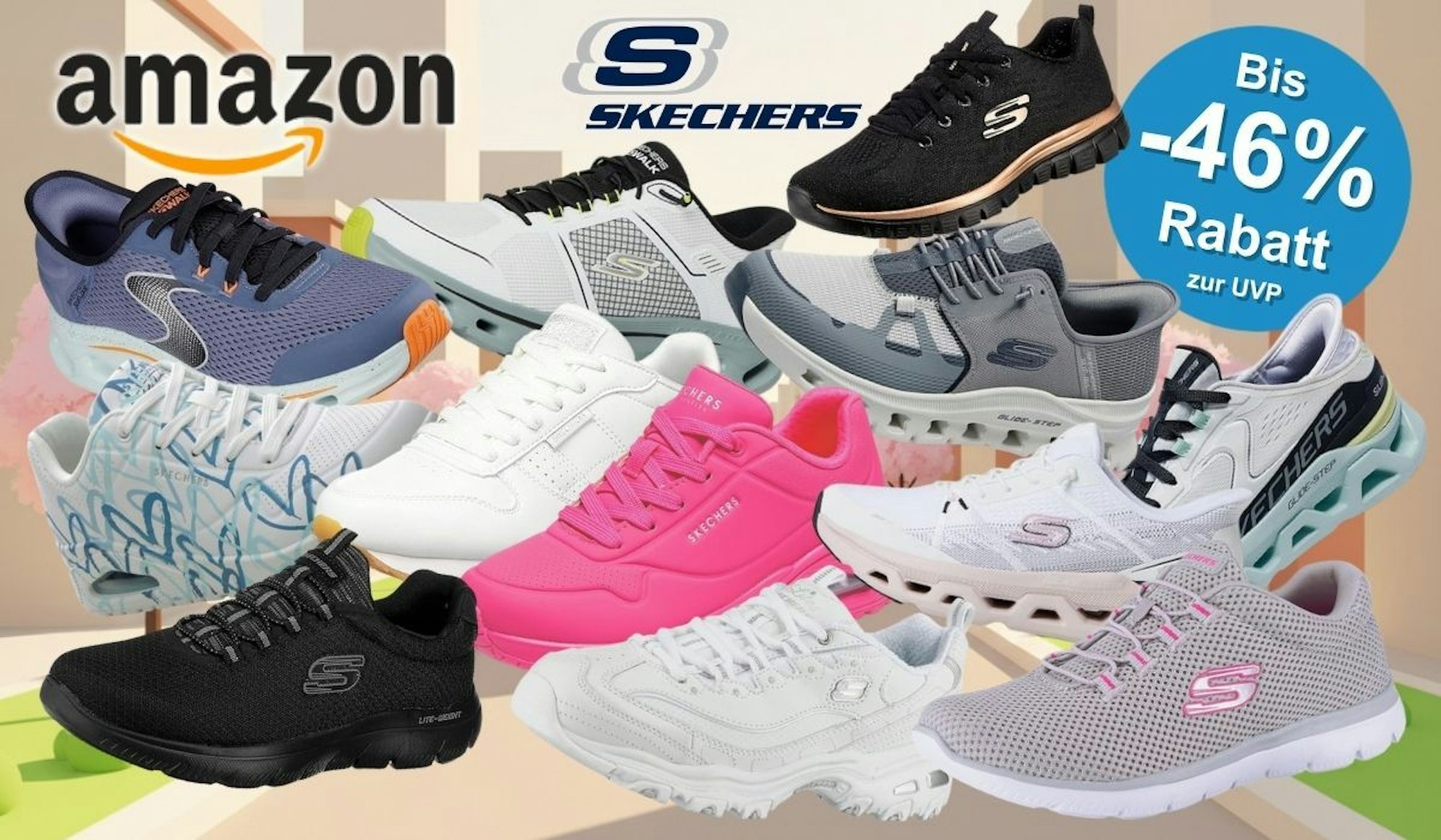 Zehn verschiedene Skechers-Sneaker-Modelle vor einem illustrierten frühlingshaften Stadthintergrund mit Kirschblüten: darunter ein blau-schwarzer Walk-Sneaker, ein weißer GOwalk-Sneaker mit Neonakzenten, ein schwarzer Sneaker mit Roségold-Details, ein grauer Sneaker, ein hellblauer Sneaker mit Herzprint, ein weißer Leder-Sneaker, ein knallpinker Chunky-Sneaker, ein schwarzer Lite-Weight-Sneaker, ein weißer Glide-Step-Sneaker sowie ein grau-pinkfarbener Mesh-Sneaker. Oben links das Amazon-Logo und das Skechers-Logo.