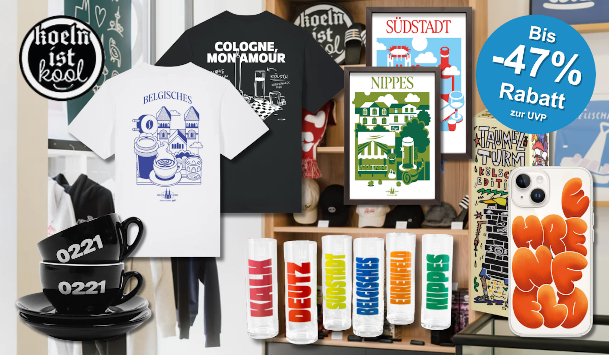 Eine Darstellung von verschiedenen KoelnIstKool Produkten.