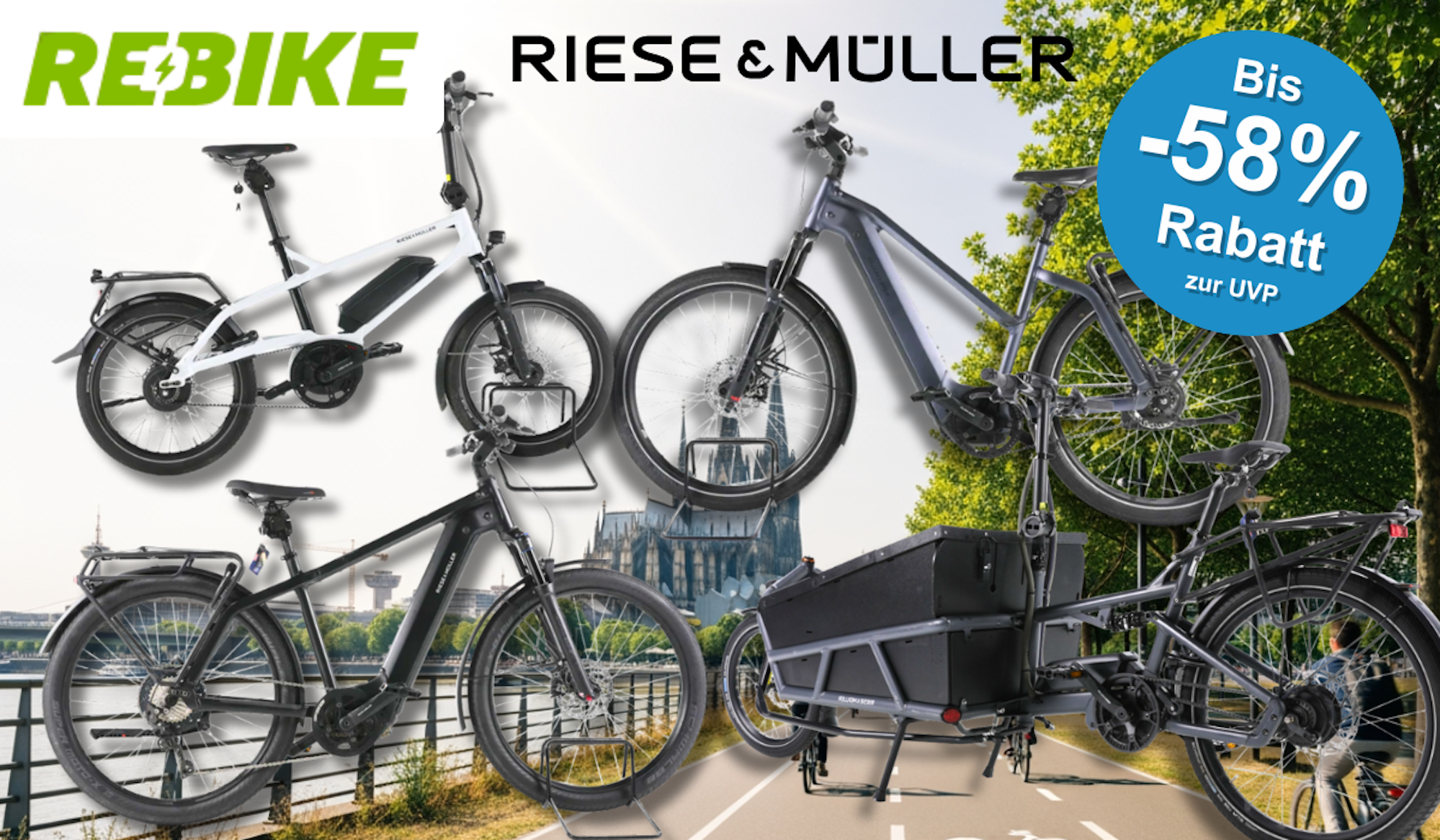 4 verschiedene Riese & Müller E-Bikes vor einem Fahrradweg.