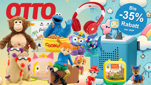 Verschiedene Tonies-Figuren und eine Toniebox vor einem bunten Hintergrund mit Wolken, Sternen und Regenbogen.