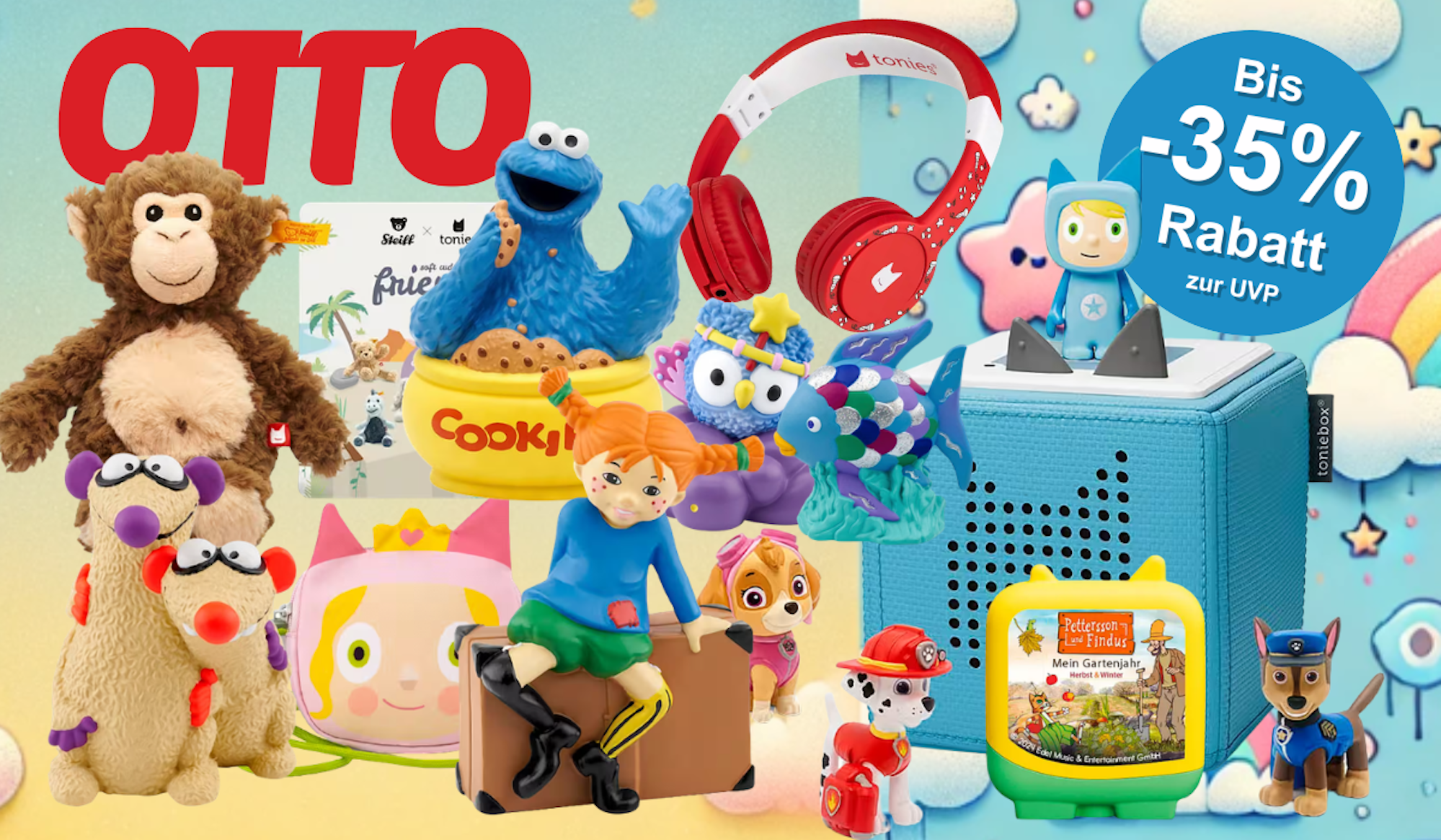 Verschiedene Tonies-Figuren und eine Toniebox vor einem bunten Hintergrund mit Wolken, Sternen und Regenbogen.