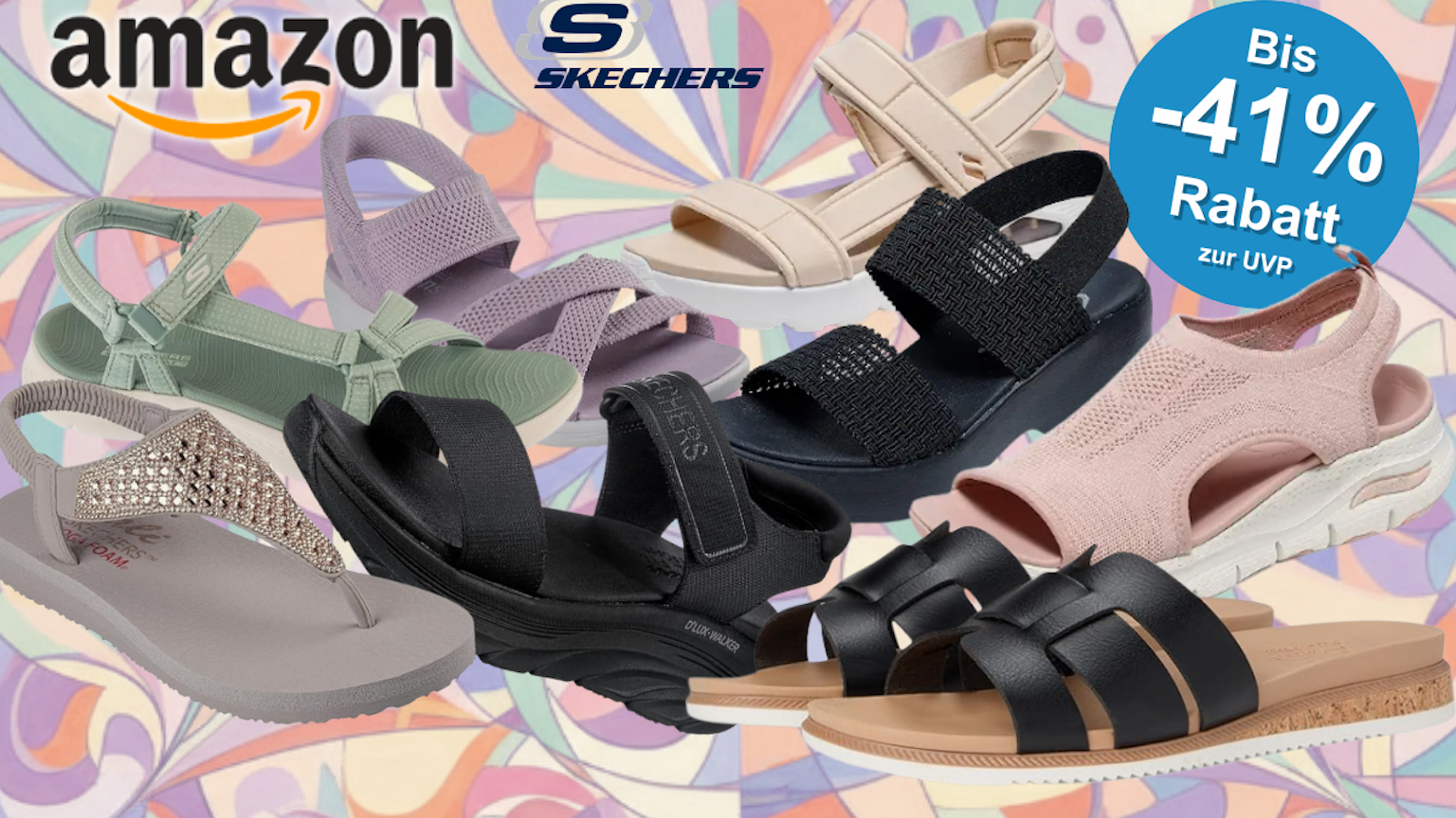 Skechers Sandalen Modelle vor Frühlingshintergrund.