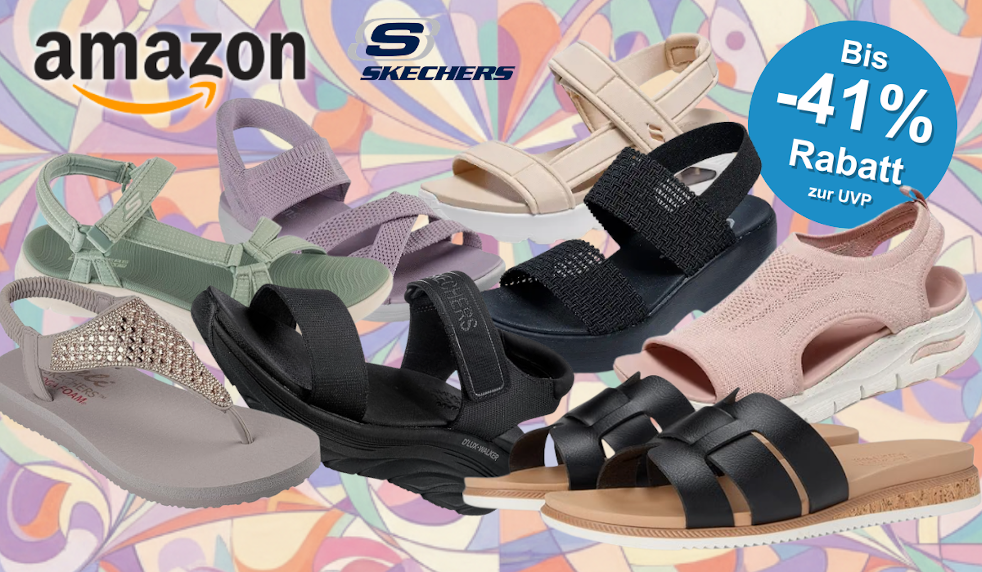 Skechers Sandalen Modelle vor Frühlingshintergrund.