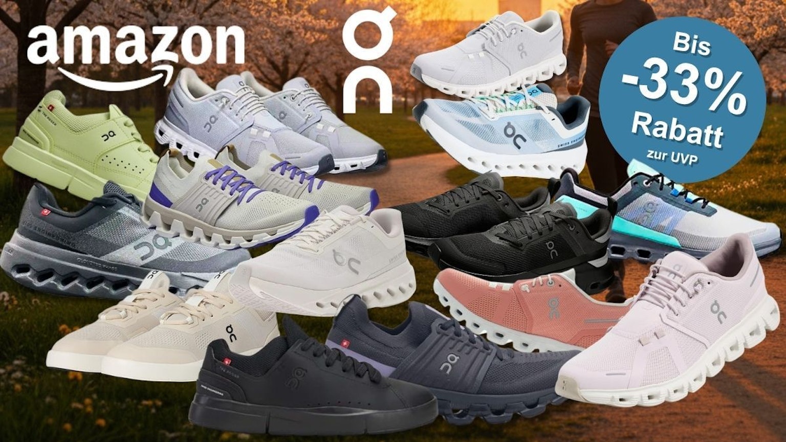 On Sneaker und Laufschuhe in verschiedenen Modellen, im Hintergrund ein idyllischer Weg durch einen Park in leuchtender Abendsonne.