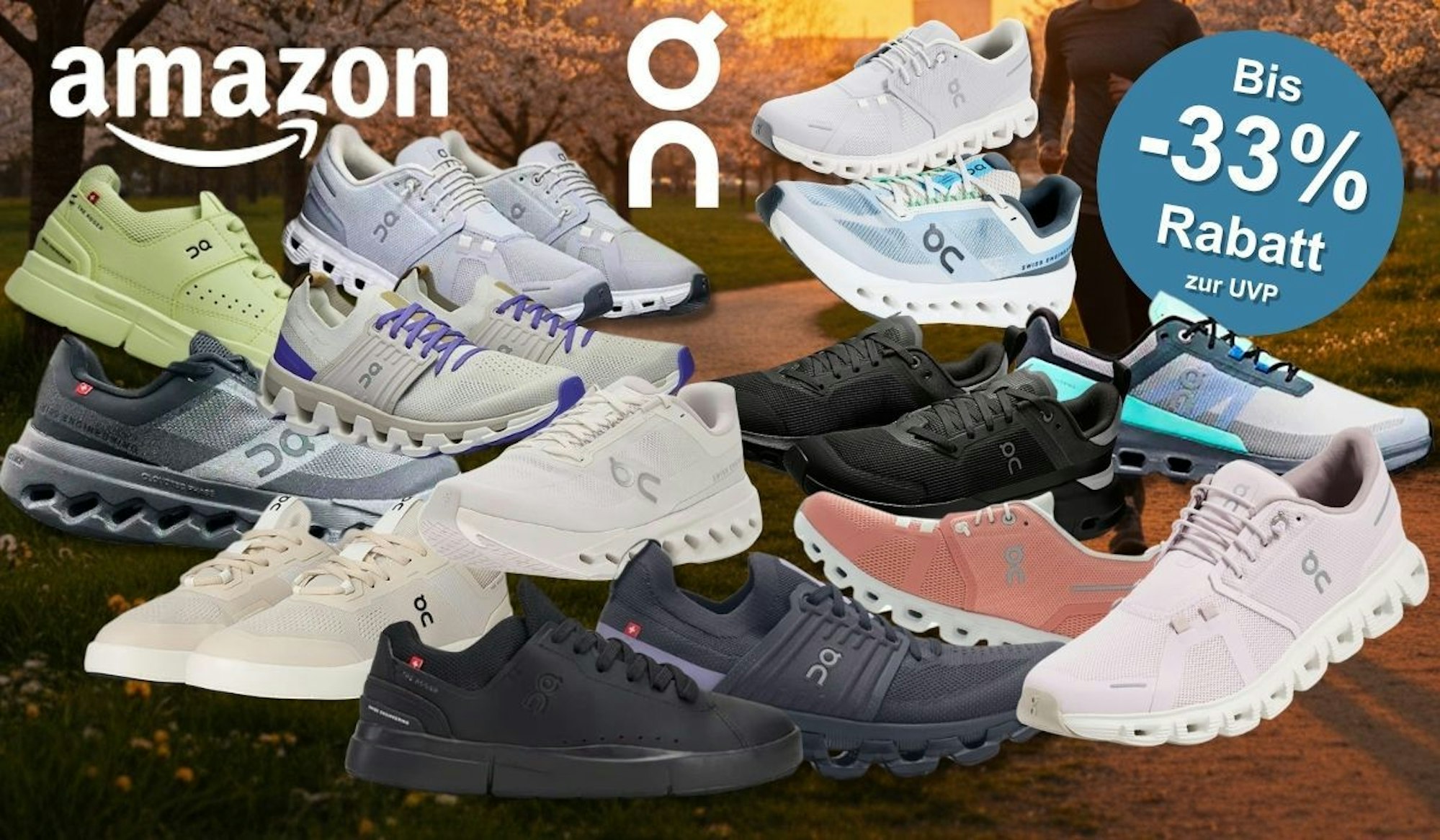 On Sneaker und Laufschuhe in verschiedenen Modellen, im Hintergrund ein idyllischer Weg durch einen Park in leuchtender Abendsonne.