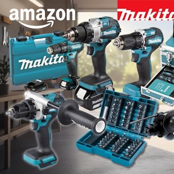 Makita-Produkte in türkis-schwarz vor einem unscharfen Werkstatthintergrund: Akku-Bohrschrauber, ein Bohrhammer, ein Makita-Alukoffer mit Bit-Zubehör, ein Bit-Set, zwei Makita-Systemkoffer sowie zwei 18V-Akkus mit Ladegerät. Oben das Amazon- und Makita-Logo.