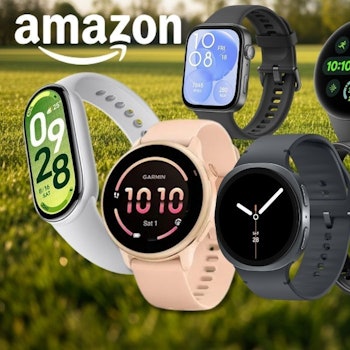 Verschiedene Smartwatches von verschiedenen Marken wie Apple Watch, Samsung Galaxy Watch und Garmin, Xiaomi – vor einem grünen Wiesenhintergrund.