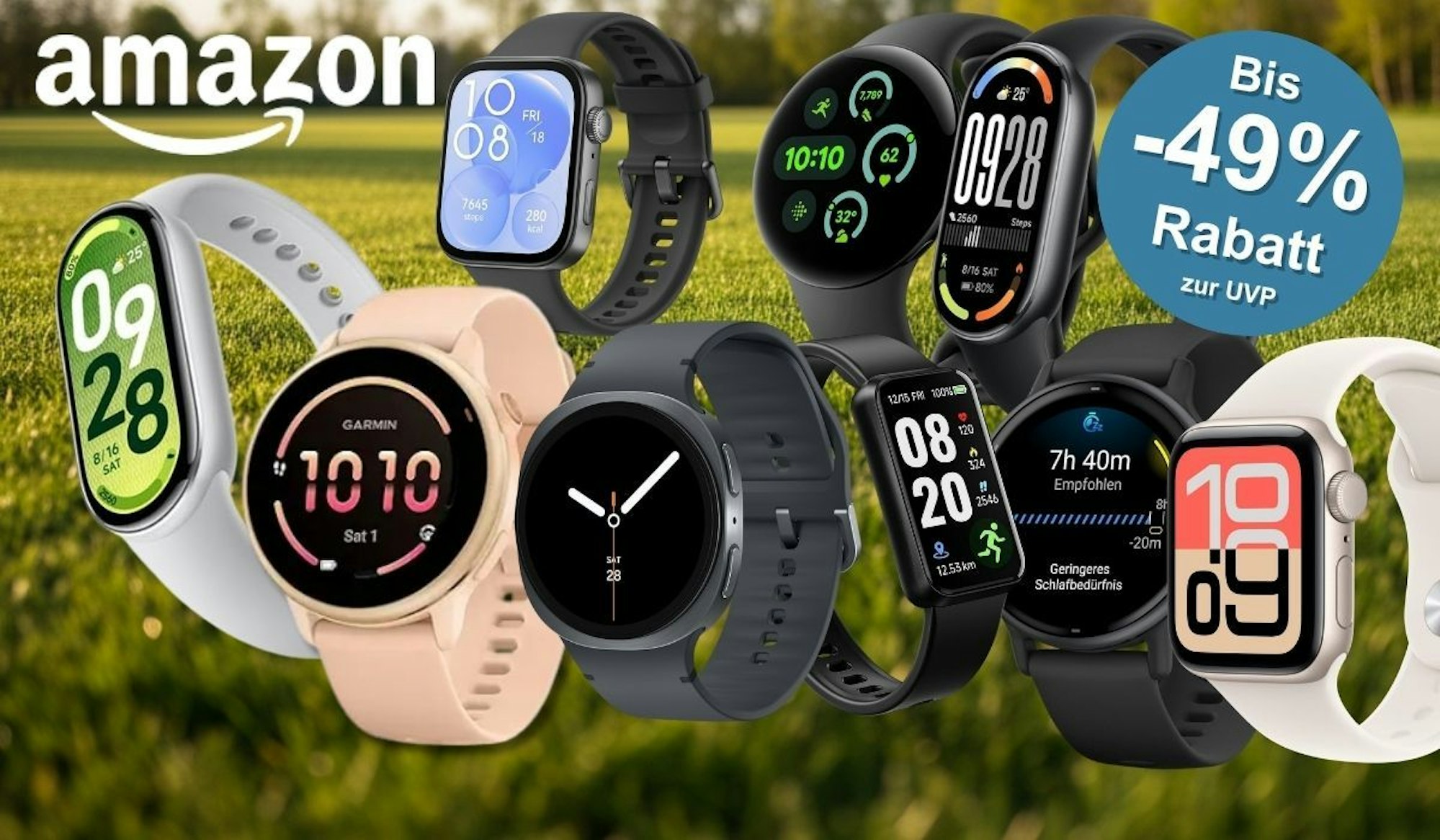 Verschiedene Smartwatches von verschiedenen Marken wie Apple Watch, Samsung Galaxy Watch und Garmin, Xiaomi – vor einem grünen Wiesenhintergrund.