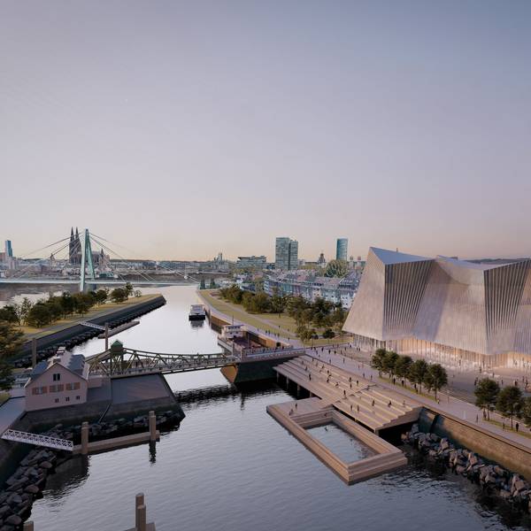 Blick auf den Deutzer Hafen in Richtung Dom. Rechts das neue Kulturhaus.