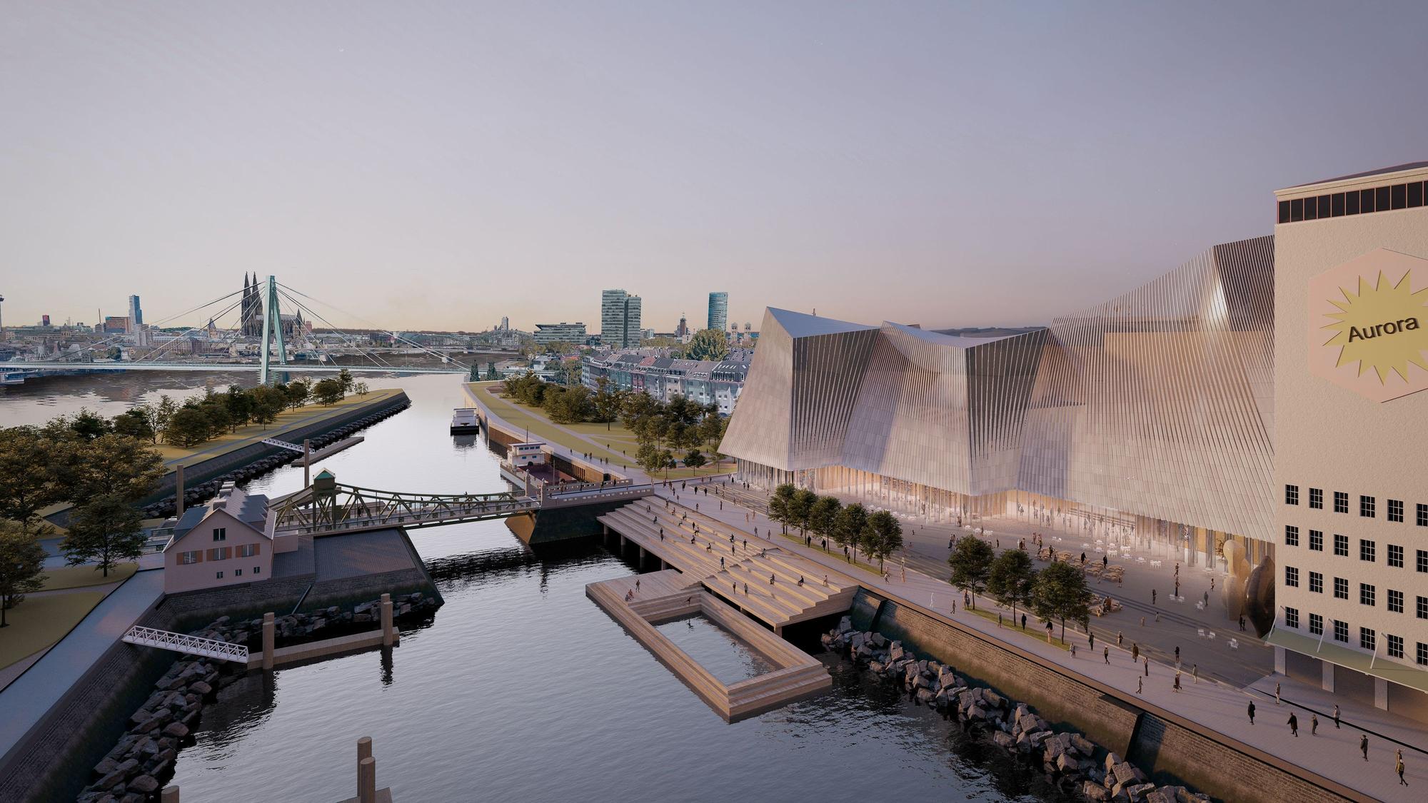 Blick auf den Deutzer Hafen in Richtung Dom. Rechts das neue Kulturhaus.
