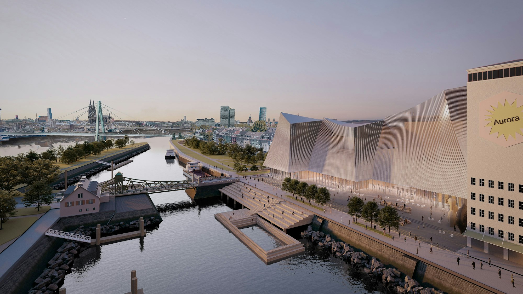 Blick auf den Deutzer Hafen in Richtung Dom. Rechts das neue Kulturhaus.