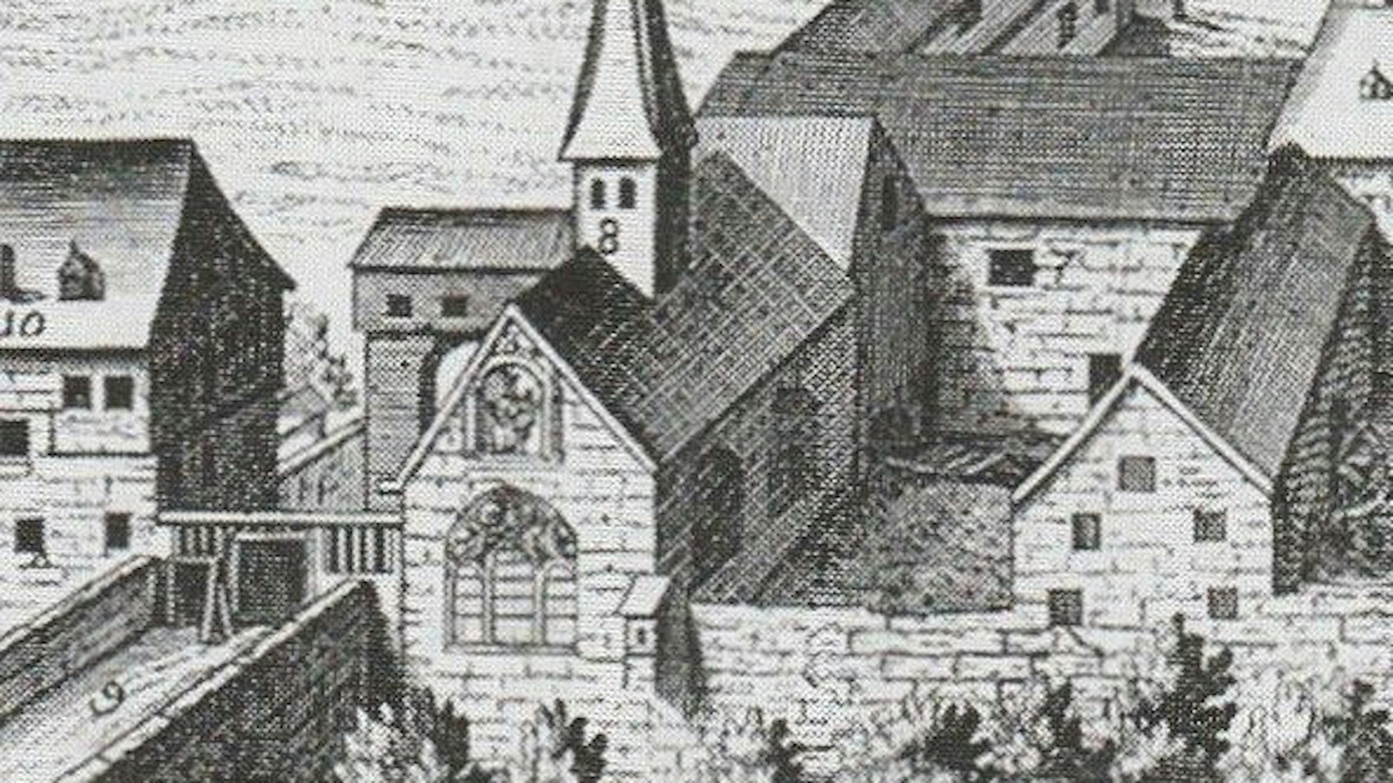 Ein alter Kupferstich, darauf eine kleine Kapelle in einem Klosterkomplex.