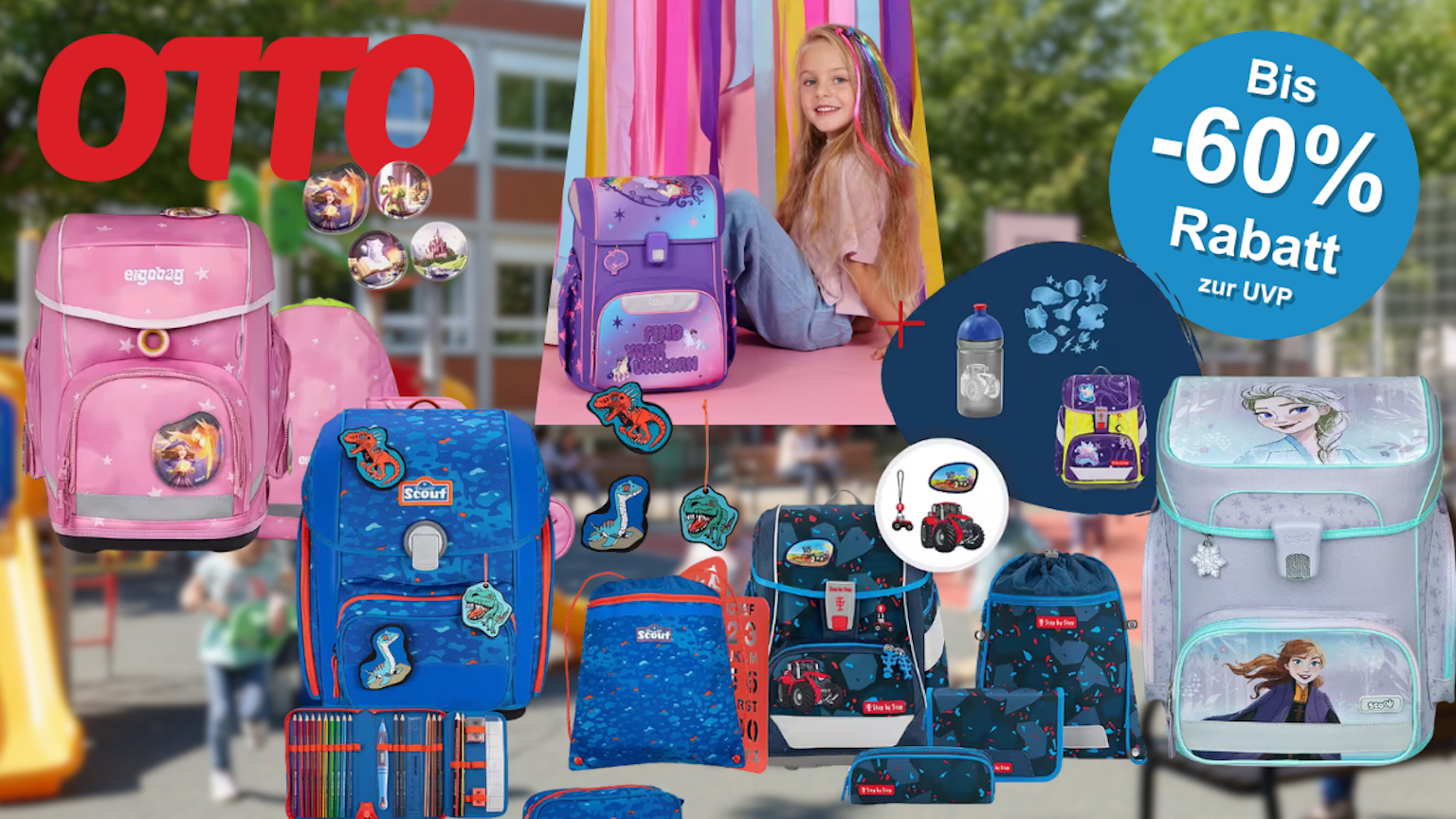 Schulranzen von beliebten Marken wie Scout, Step by Step, Ergobag, Scooli vor einer Schule im Hintergrund.