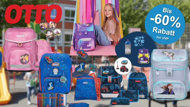 Schulranzen von beliebten Marken wie Scout, Step by Step, Ergobag, Scooli vor einer Schule im Hintergrund.