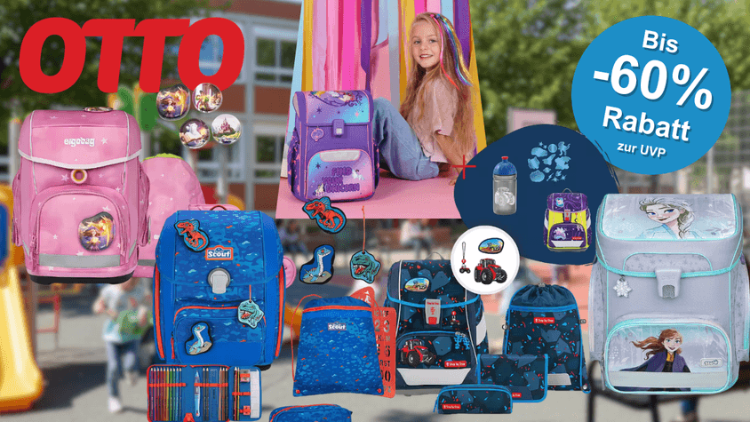 Schulranzen von beliebten Marken wie Scout, Step by Step, Ergobag, Scooli vor einer Schule im Hintergrund.