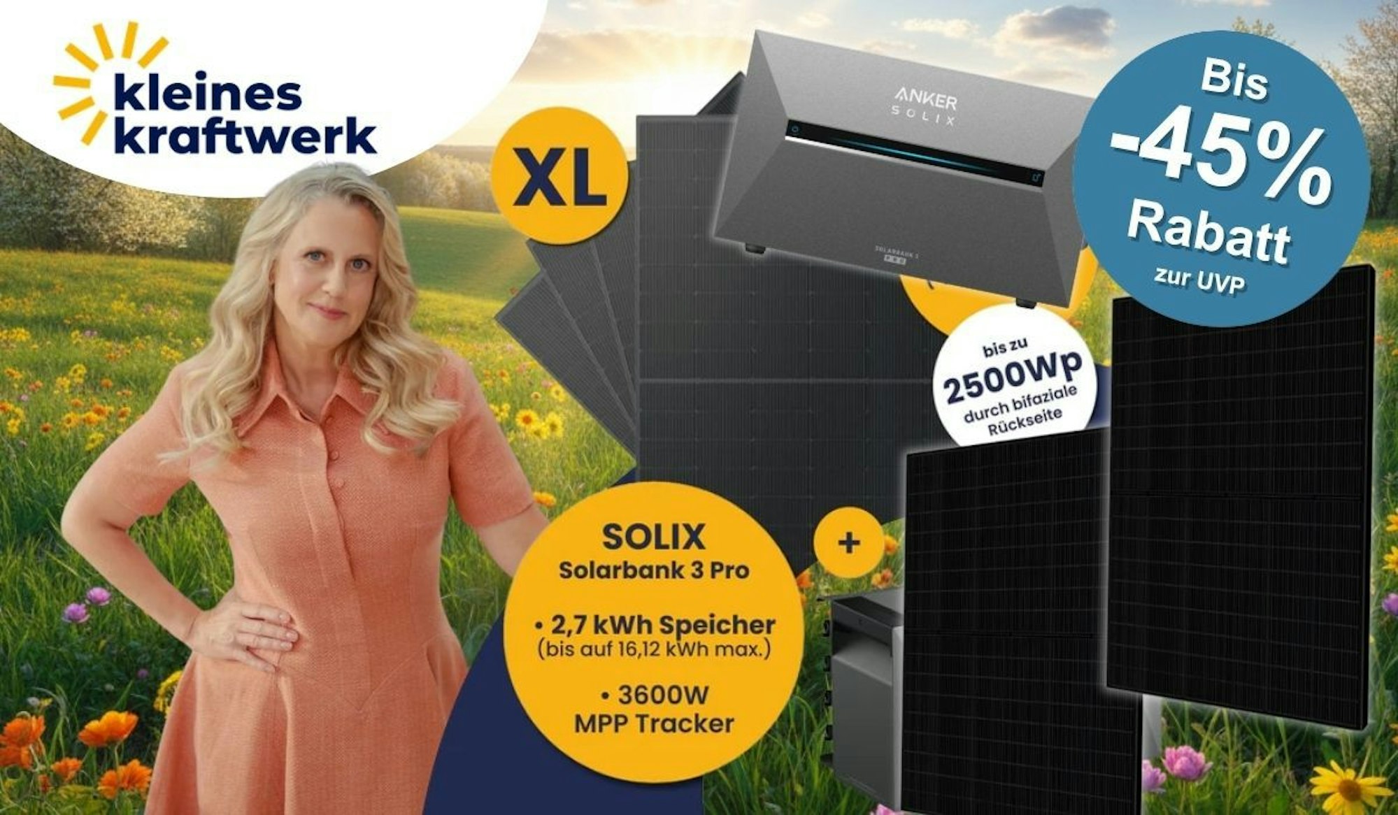 Balkonkraftwerk mit Anker Solix Solarbank 3 Pro und Solar-Modulen von Kleines Kraftwerk neben Barbara Schöneberger auf einer grünen, frühlingshaften Wiese mit Sonnenschein am Himmel.